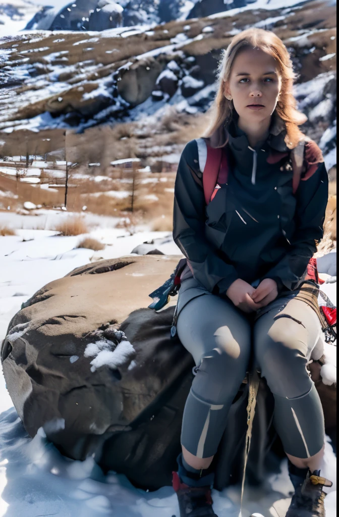 Naturescape photography; mountain climbing; Full body view; (1woman:0.5, solo), (slender body), (Small breasts) , (soaking wet red Norrøna Trollveggen shell jacket , hiking tights , wet wear, hiking boots, (((very large rucksack))), ((sitting on a rock with her legs folded)), ((sheltered by a big boulder from the snowdrift )), Rough track, boulders , (long yellow hair), (Nordic girl, -yeld, (esperate to pee, peeing, pee running off the rock she is sitting on))), ultra delicate face, ultra Beautiful face, ultra delicate eyes, ultra detailed nose, (desperate look on her face, looking down) (breasts are small: 0.5) (face shiny:0.8), (natural skin:1),(heavy winter snow fall, mountain views, with rugged Norwegian mountain ranges in the distance ), (Highest Quality, hyper-realistic:1.3, Super dense, very detailed illustration, Best image quality, very detailed illustration) natural skin, blemishes, detail skin texture, full body pose.
