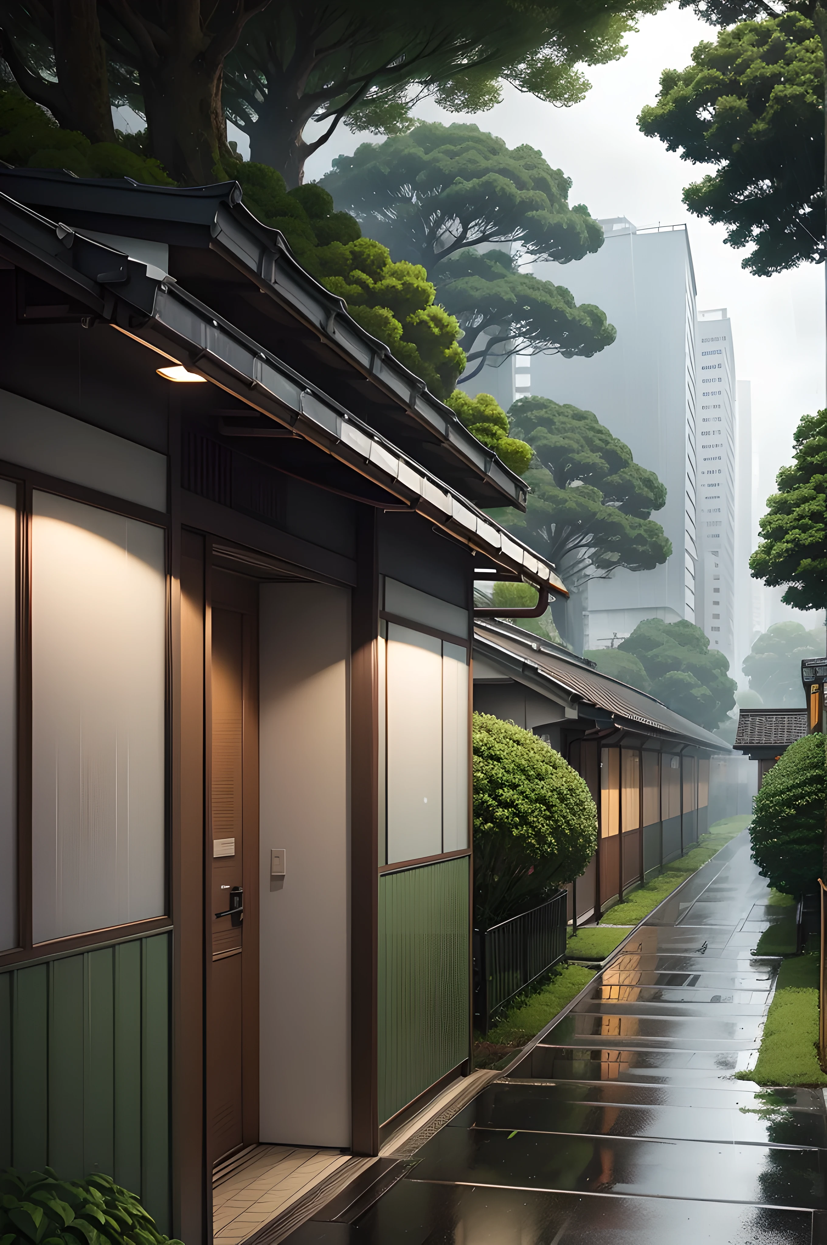 raining, gloomy weather. Japanese bus stop, surrounded by trees and vegetation on one side of the street and modern japanese buildings on the other side. Best quality. No one in sight. Anime. Anime style. lofi. dramatic weather. wide view, wide angle. Next to street. Modern village
