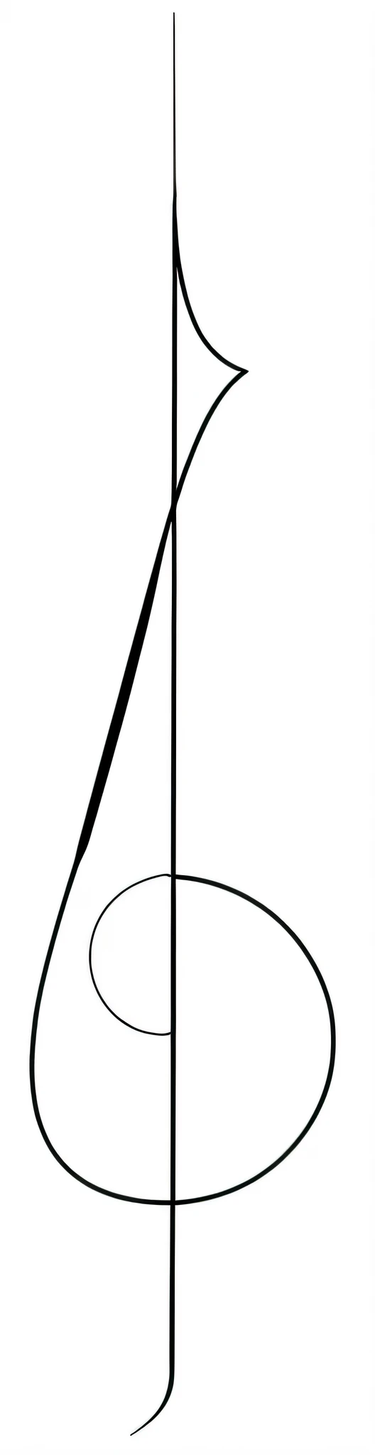 finalizar um desenho em preto e branco de uma nota musical com uma pauta curva, linhas muito alongadas, right side composition, lineart afiado, medium angle, right side composition, variable lineart, spear in right hand, Narrow angle, drawn with a single line, flecha de arco longo, Normal proportions, altura 1 7 8, an instrument, with implied lines
