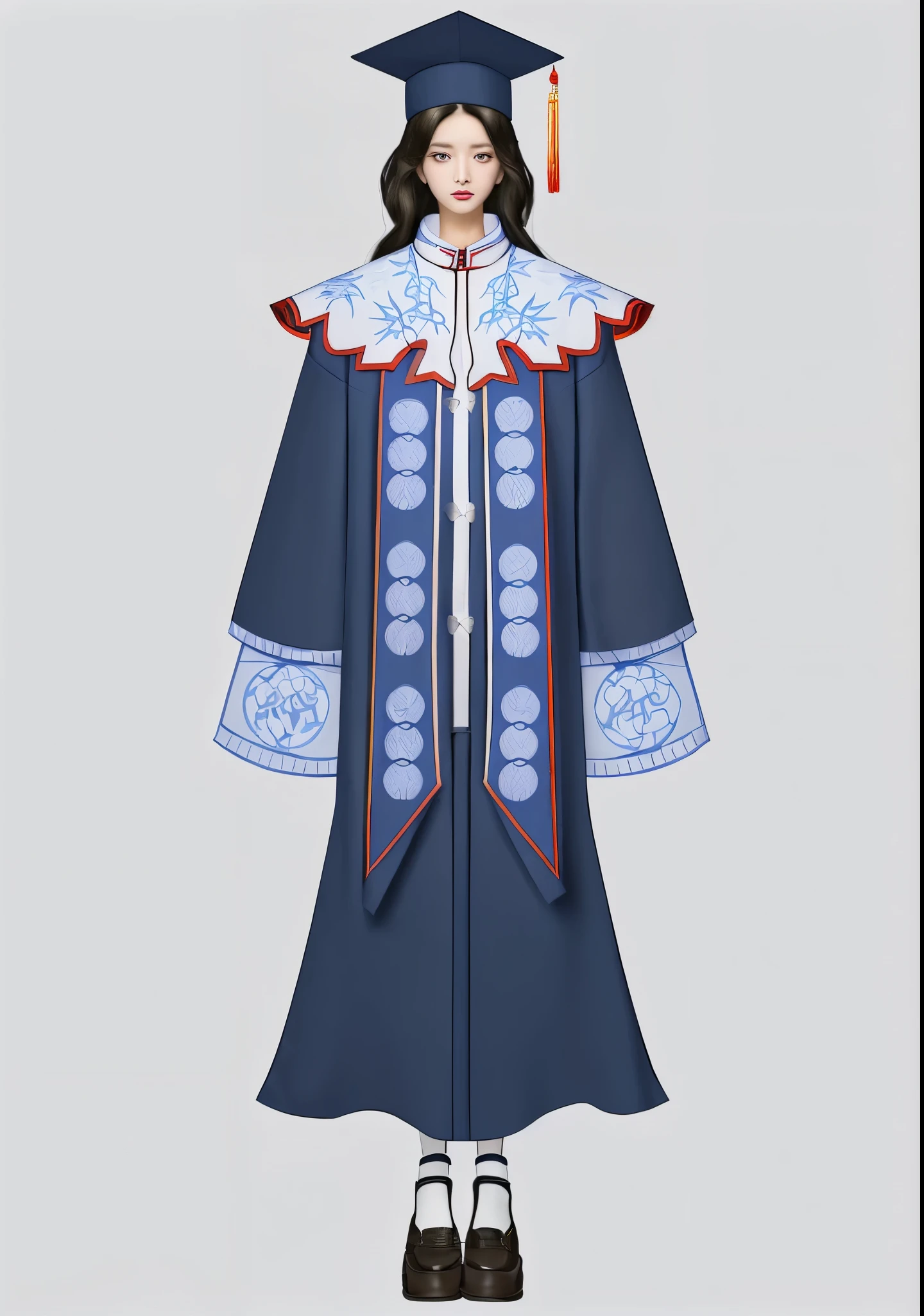A series of four sets of academic uniform design drafts combined with traditional Chinese elements, moire design(Includes academic uniform,Master's service,Doctor's suit,school robe)Dark blue