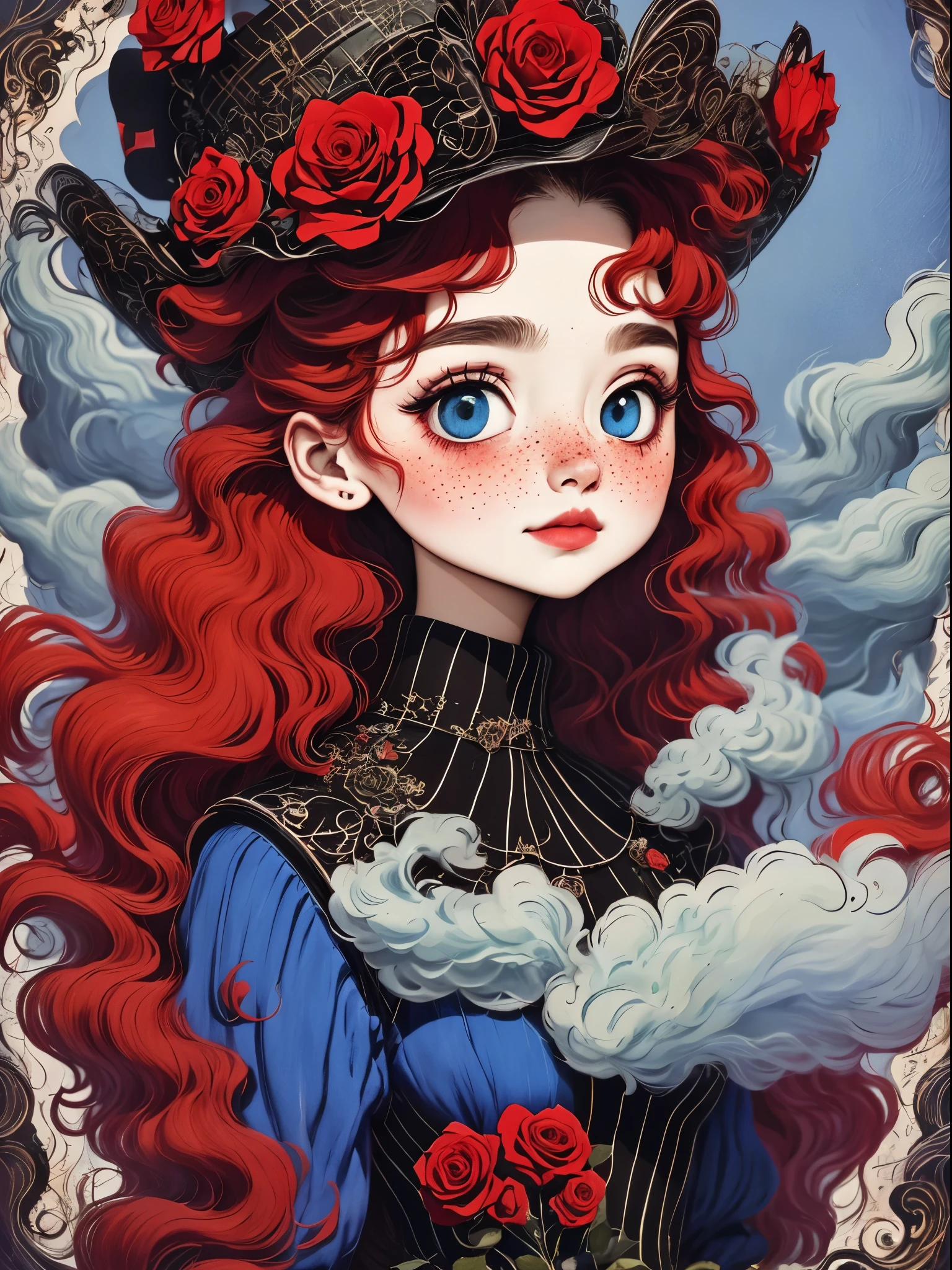 best quality，masterpiece：1.2，detailed details，Ghost doll girl,big eyes，small freckles， Halloween dresses，Red hair，Gothic，蒸汽朋克Gothic维多利亚风格, dark, psychology, Surrealism, sublimation, subconsciousness, mood, enthusiasm, pink、White and red details, Rose background，Green smoke from hair, Blue smoke background, Soft red and blue light,bright，Hand bones
