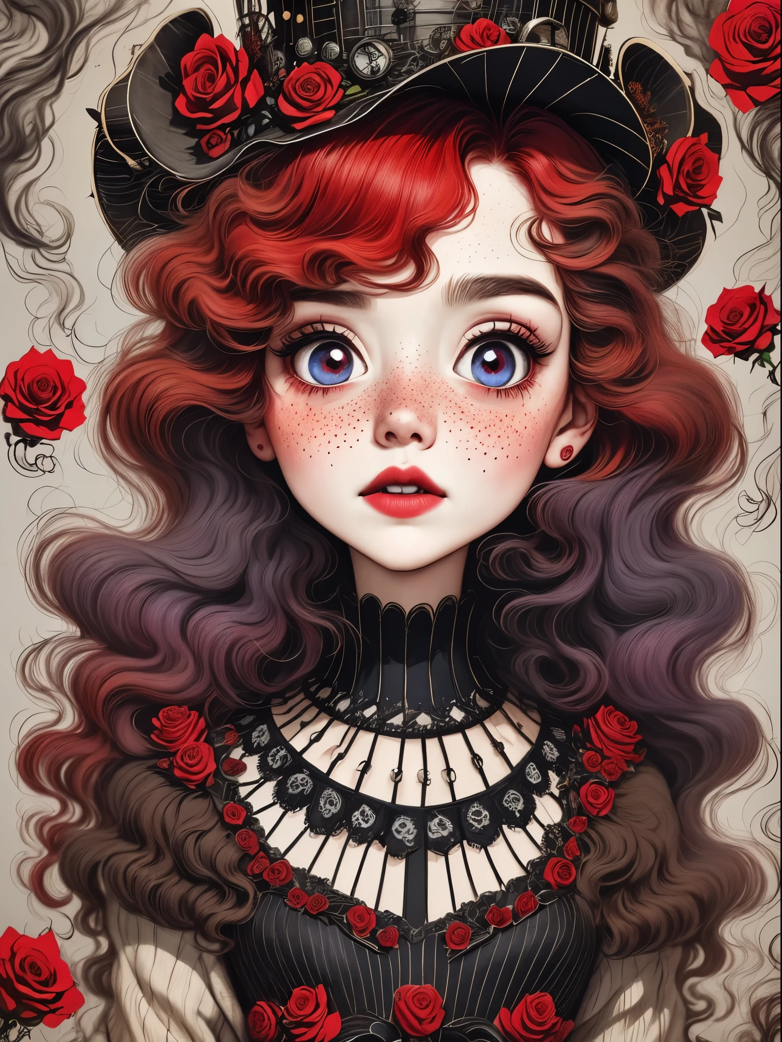 （best quality，masterpiece：1.2，detailed details，4k），（girl, Red hair，big eyes，small freckles，hat），（roses，Gothic），（vaporwave，transpiration，gas，steampunk gothic victorian style）, deep emotions, enthusiasm, red，black，blue, Rose background， blue烟雾背景，Smoke lines，Devour