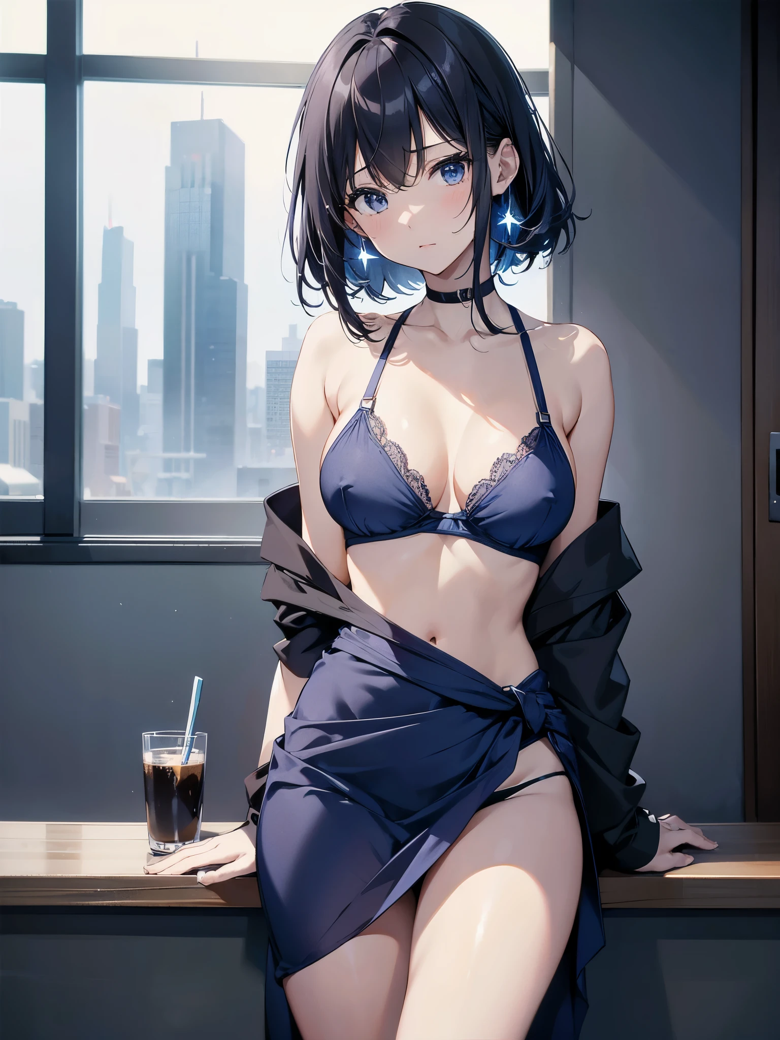 A 27-year-old female office worker enjoys her holiday at the indoor pool.、dark brownの髪色でロングボブヘアーです、A blue cloth covers the area from 4cm below the right collarbone to the bottom of the left nipple, a dark blue cloth covers from 4cm below the left collarbone to the bottom of the right nipple, and a white cloth covers the lower half of the cleavage. swimsuit tops、Navy blue swimsuit panties with ribbons on the sides、A white, transparent cloth is wrapped around the waist to form a skirt so that the panty line is visible.、wrap skirt、The ceiling and walls are made of glass、You can see the night sky outside the glass、It's late night now、High quality starry sky、high resolution images