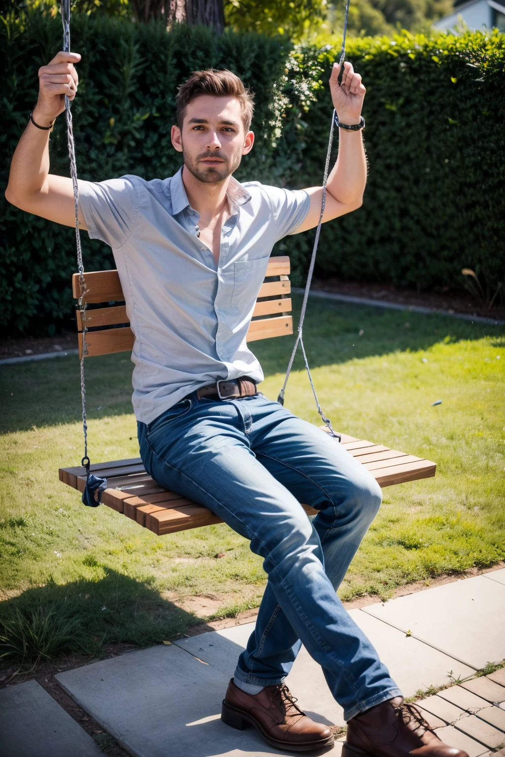 realistic , Australian man sitting on a swing
