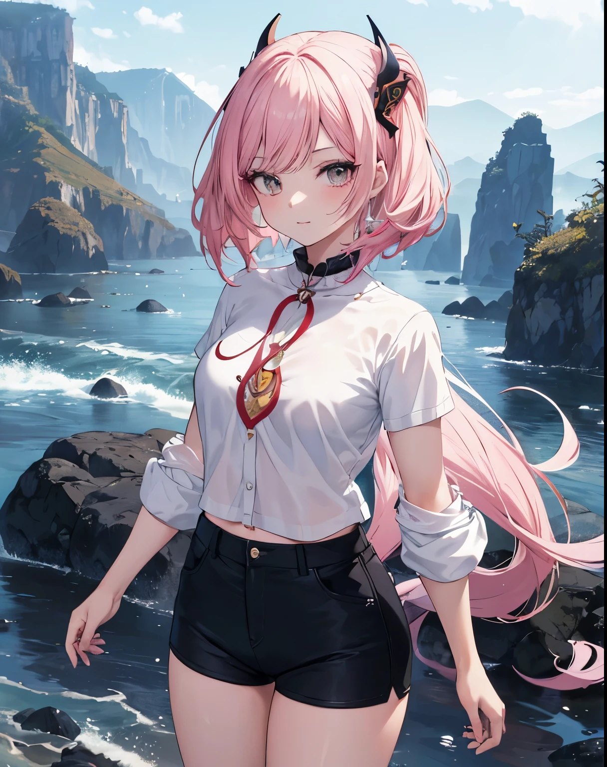 ((obra prima)), ((melhor qualidade)), ((estilo de perfil de anime)), ((HD 4k |)), ((personagem de anime)), garota, face feminina, pele clara, olho, Eyelid , Aluno, Esclera, Iris, sobrancelha, eyelashes, orelha, nariz, cabelos brancos, neck, Ombros, camisa de manga comprida, shorts curtos rasgados, ((calcinha mostrando)), Arms, ((pernas grossas)), ((coxa grande)), background scenery, viewer view