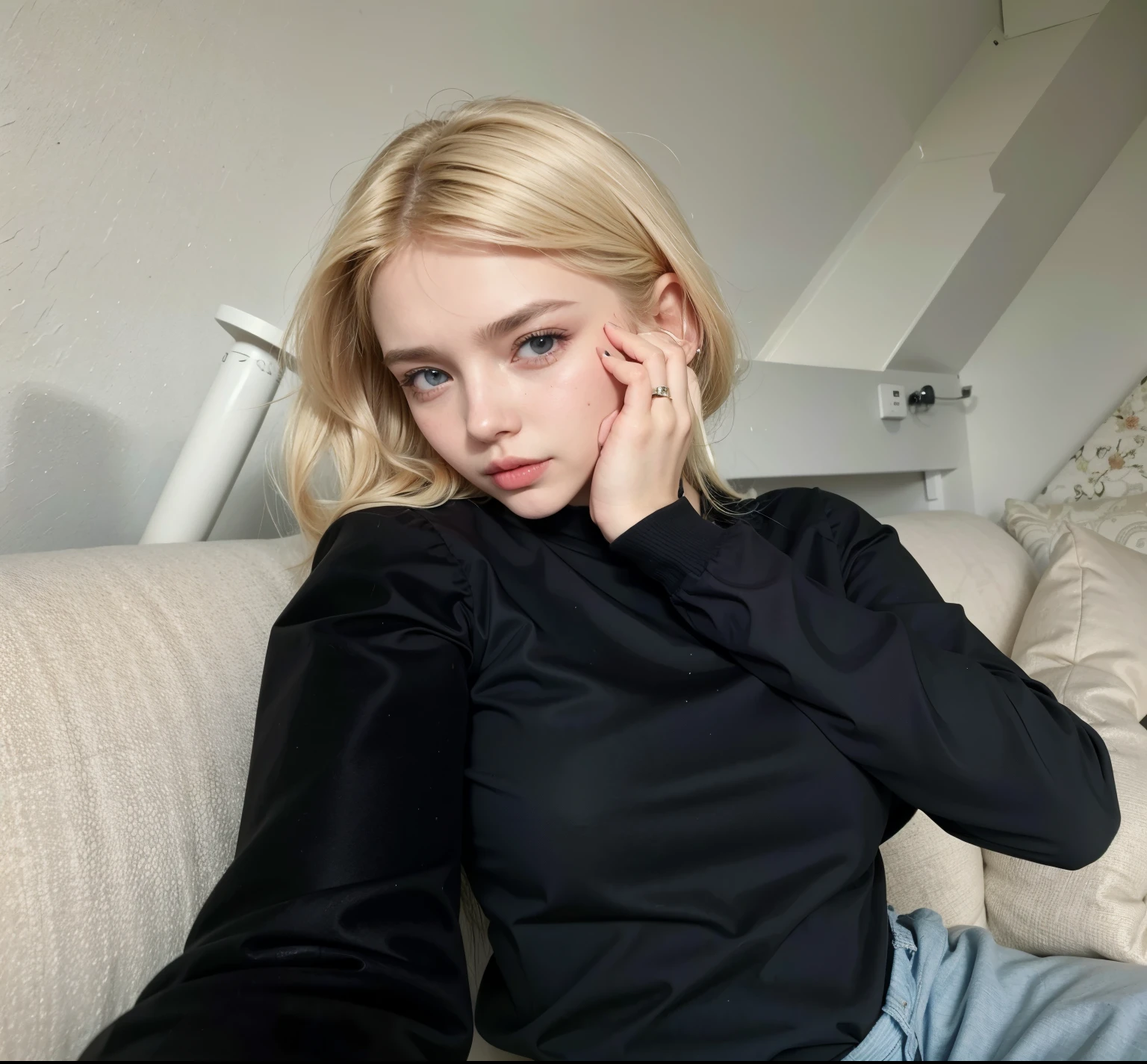 blonde woman in a black blouse sitting on a sofa with her hand on her face, Yelena Belova, roupas pretas justas, roupa apertada, body preto colante, vestindo um body preto, vestindo roupas pretas justas, retrato de Kim Petras, Aleksandra Waliszewska, face like exposed ester, angelina stroganova