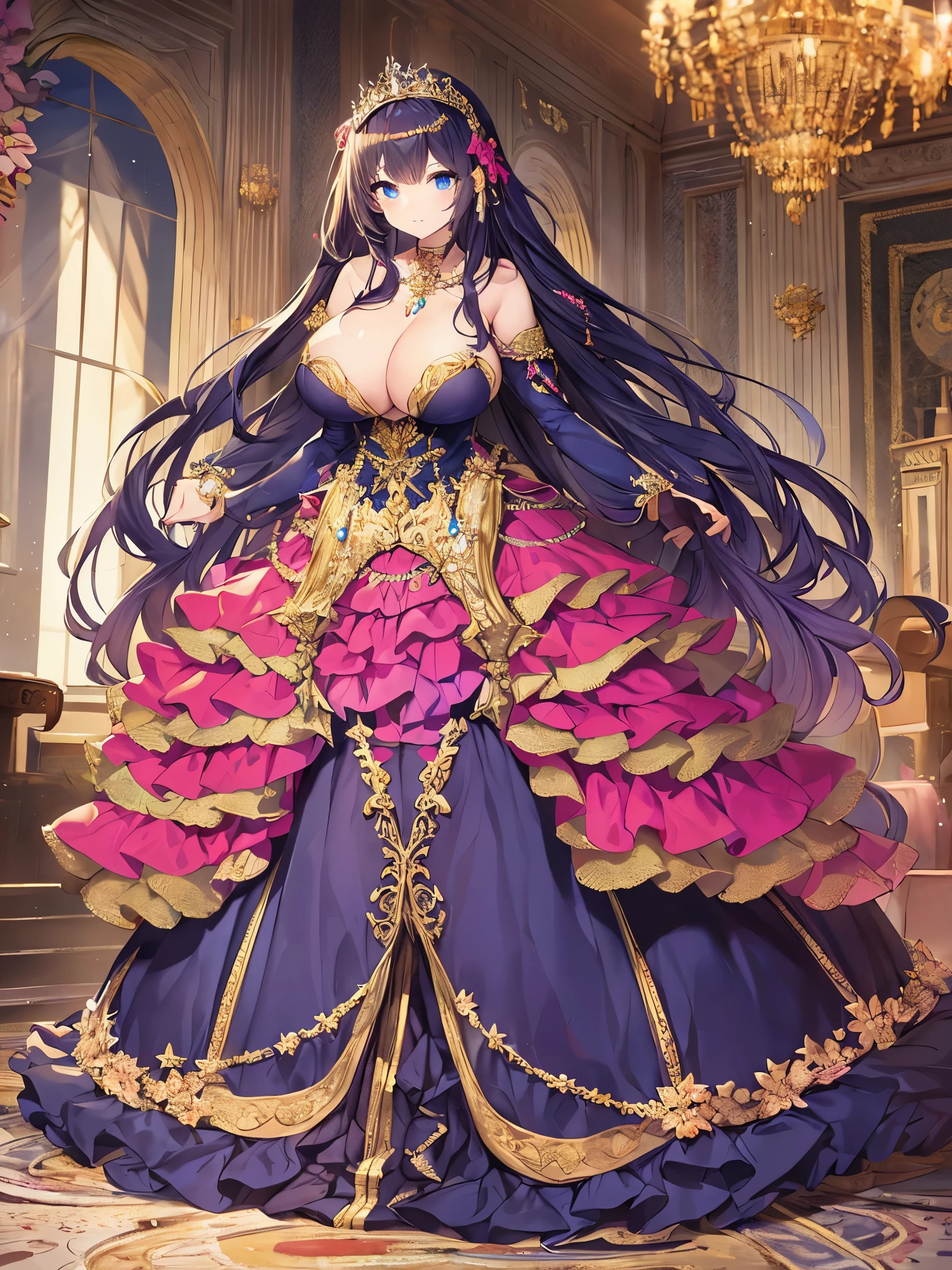 anime artstyle,Masterpiece,Best Quality,Super Detail,Very Delicate and Beautiful,Solo,full body,full body portrait,((1 bling-bling princess in a jeweled rococo ballgown with beautiful embroidery)),(((very very gigantic tits))),cleavage,Skindentation,((fantasy castle,outdoor)),((crinoline,long train)),super detailed gorgeous princess ballgown with voluminous full length hoop skirt,gorgeous princess rococo ballgown with long train,gorgeous princess rococo ballgown with beautiful embroidery and jeweled,(detailed face and eyes),jewel-like eyes,((big hair,extremely voluminous straight Hair,Extremely Long Straight Hair)),extremely gorgeous hair ornament,((extremely gorgeous bling-bling big tiara)),bling-bling luxurious jewelry,((super detailed jeweled gorgeous princess rococo ballgown with voluminous full length hoop skirt)),full body