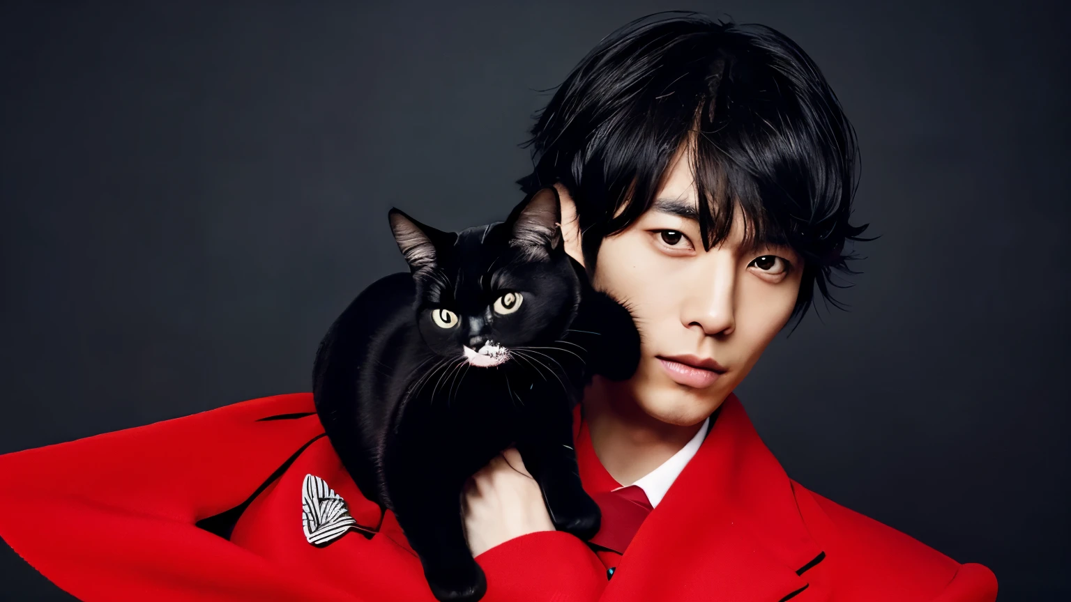 hold a cat,red coat,black dress shirt,27 year old Japanese male,expensive、expensive品質,With bangs,natural mash hair,black haired japanese man,highest quality,beautiful young man,men's gravure,male gravure,Good looking,male gravure,dark background,