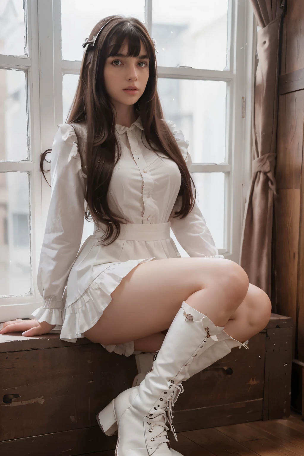 (best quality,high resolution,Beautiful detailed eyes,White lighting:1.2),red eyes, looking at viewer, long hair, black hair, long boots, black footwear, blush, sitting, long sleeves, bangs, parted lips, black hair, dress, knees up, brown hair, white skirt, frills, skirt,thighs, sidelocks, 4K,