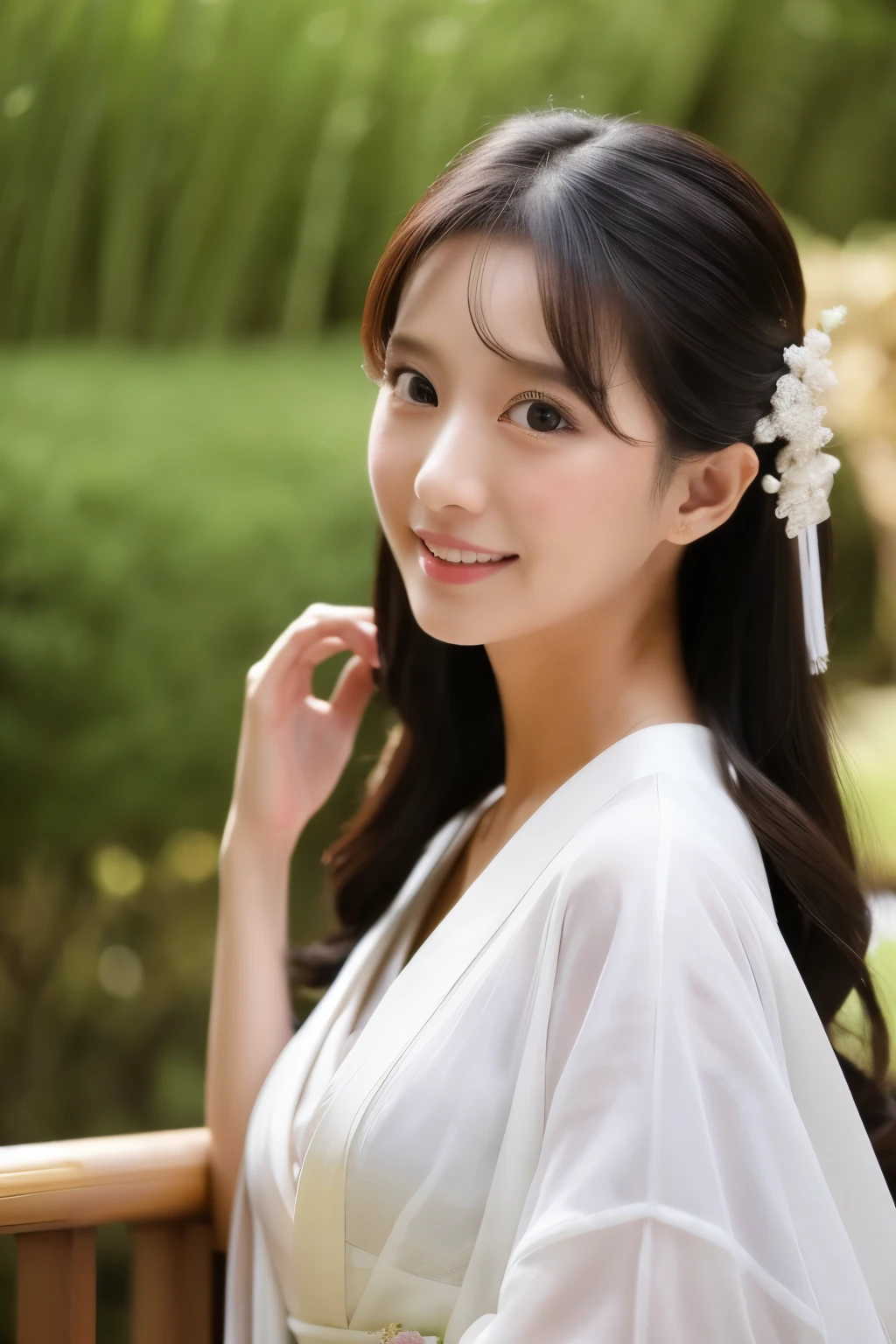 Wearing a white wet translucent kimono、Realistic Japan woman in bamboo bushes,  beautiful japanese female, beautiful japanese female, goddess of Japan, Beautiful Japan Female Face、Tie up your hair、Inserting kanzashi、A MILF、Sexy Japan woman、A 40-year-old woman、Looking at the camera、facing front