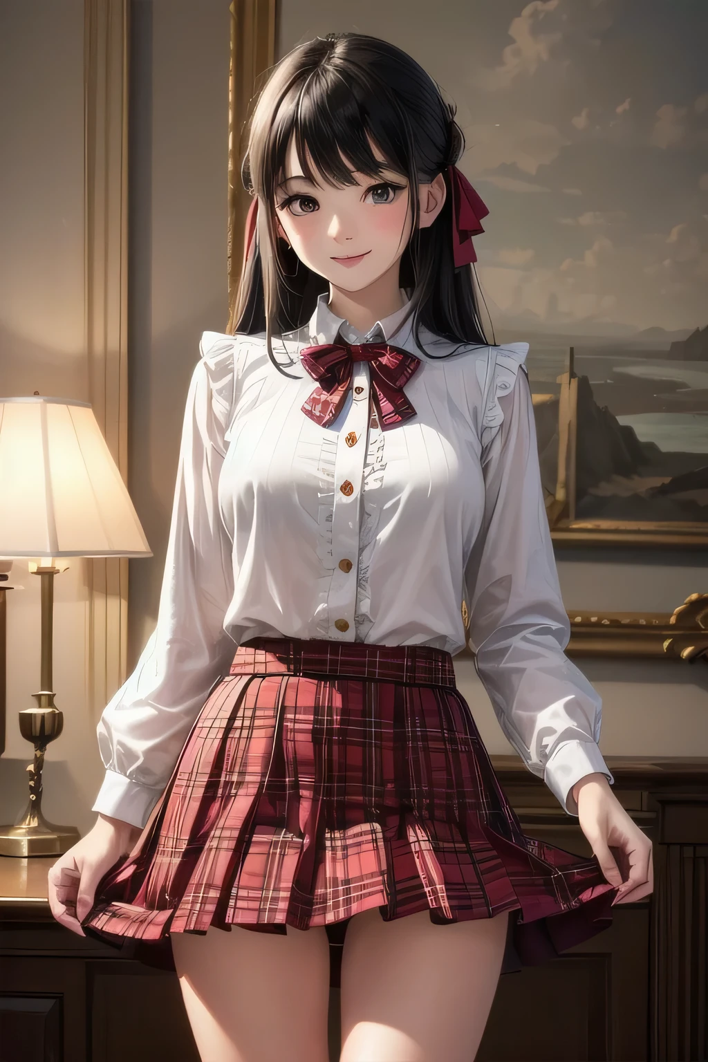 very cute and beautiful girl,(very detailed美しい顔),(smile),blush,cowboy shot, (white blouse with small frills),Long sleeve BREAK standing,skirt lift,white panties, hair ribbon,black hair,(scarlet plaid miniskirt) BREAK Antique hotel bedroom,luxury furniture,Ocean View, (highest quality,masterpiece:1.2),disorganized,High resolution,super detailed,very detailed,32K,8K resolution, intricate details,movie-like scene,detailed background,alone,dynamic angle,