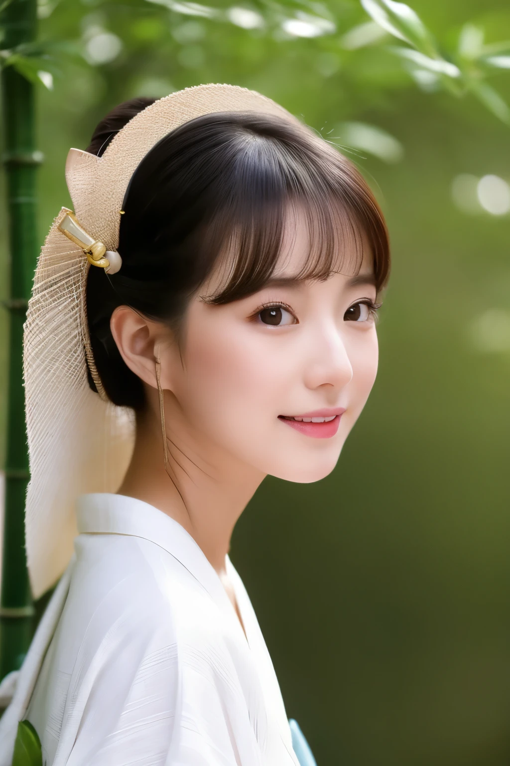 Wearing a white wet translucent kimono、Realistic Japan woman in bamboo bushes,  beautiful japanese female, beautiful japanese female, goddess of Japan, Beautiful Japan Female Face、Tie up your hair、Inserting kanzashi、A MILF、Sexy Japan woman、A 40-year-old woman、Looking at the camera、facing front