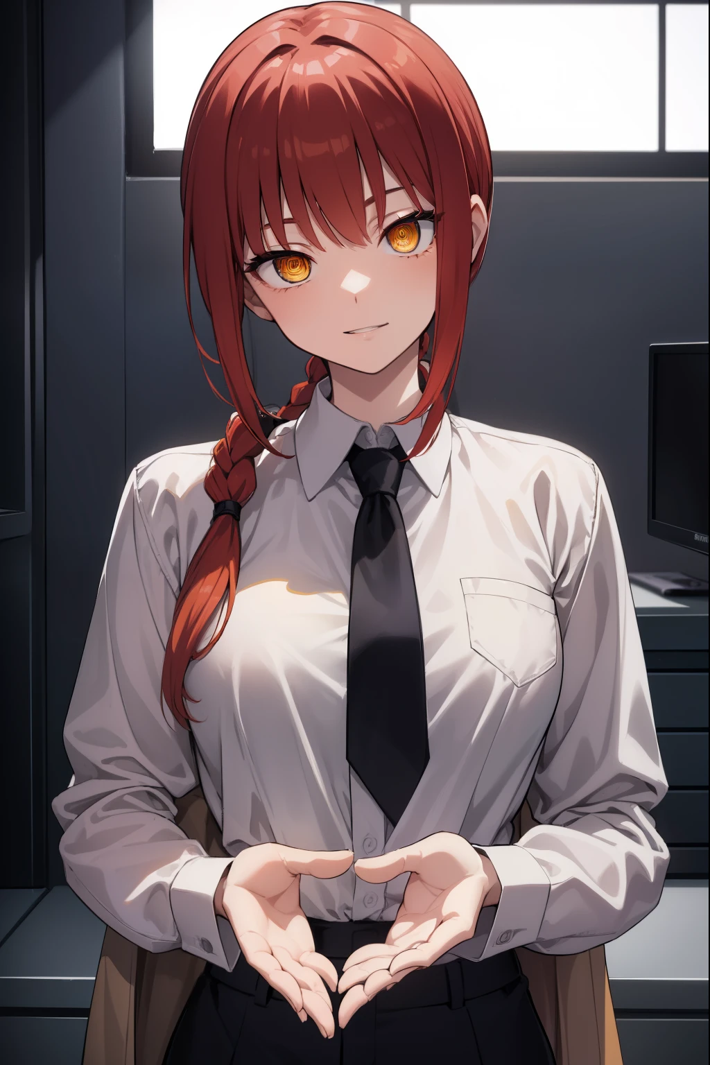 Hands, Hands, long hair, smile, bang, , (Yellow eyes:1.2), hair, Red hair, haired ponytail, eyes with rings, break  shirt, long sleeves, jacket, white shirt collared shirt, trousers, Breast, Suit, black галстук, shirt tucked in, office lady, break indoors, office, break looking at viewer, break (Masterpiece:1.2), Best quality, A high resolution, unity 8k wallpaper, (Illustration:0.8), (beautiful detailed eyes:1.6), very detailed face, perfect lighting, extremely detailed computer graphics, (perfect hands, Ideal Anatomy),