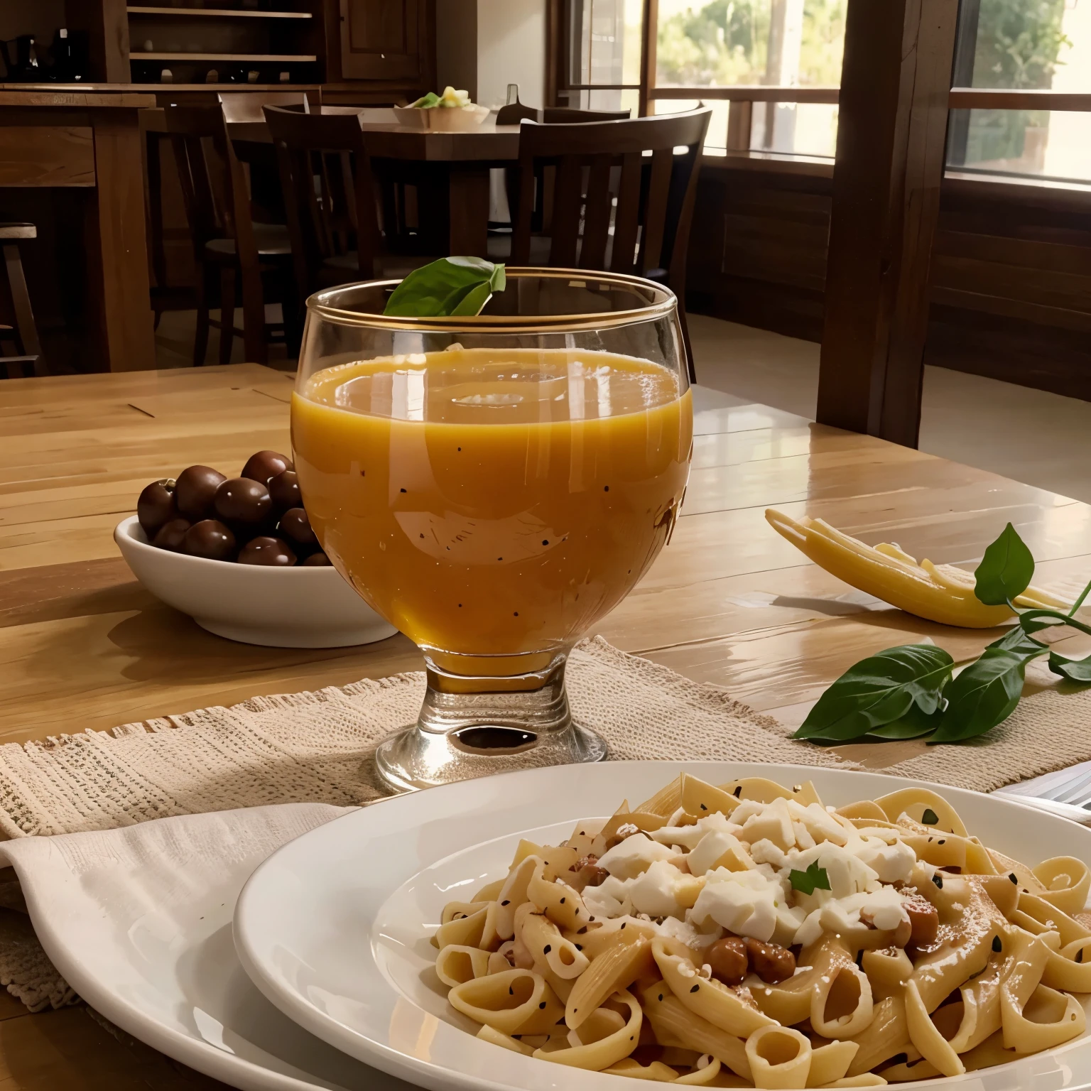 Pasta in a plate , mango juice glass on the table