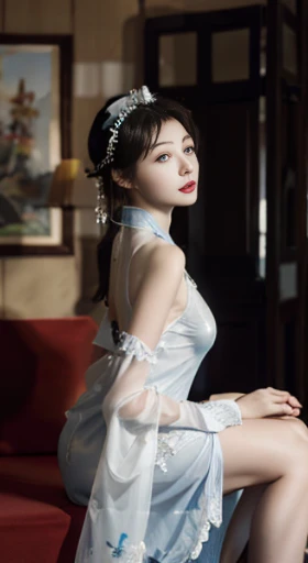 original,masterpiece,Super detailed photos,best quality,ultra high resolution,photo reality,Sunlight,full body portrait,stunningly beautiful,,dynamic poses,delicate face,vibrant eyes,(View from the side),((Beautifully_blue_On the cheongsam)),On the cheongsam,Off the shoulders,Beautifully head flower,Sitting on leather sofa,Very detailed background,Detailed faces,Detailed and complex busy background,untidy,abundant cleavage,Milky white W,highly refined skin,Authentic skin details,Visible pores,lock focus,volumetric fog,8K Ultra HD,digital SLR camera,high quality,film grain,White skin,photorealism,DL,A metropolis in a future dystopia , looking from bottom to top, translucent
