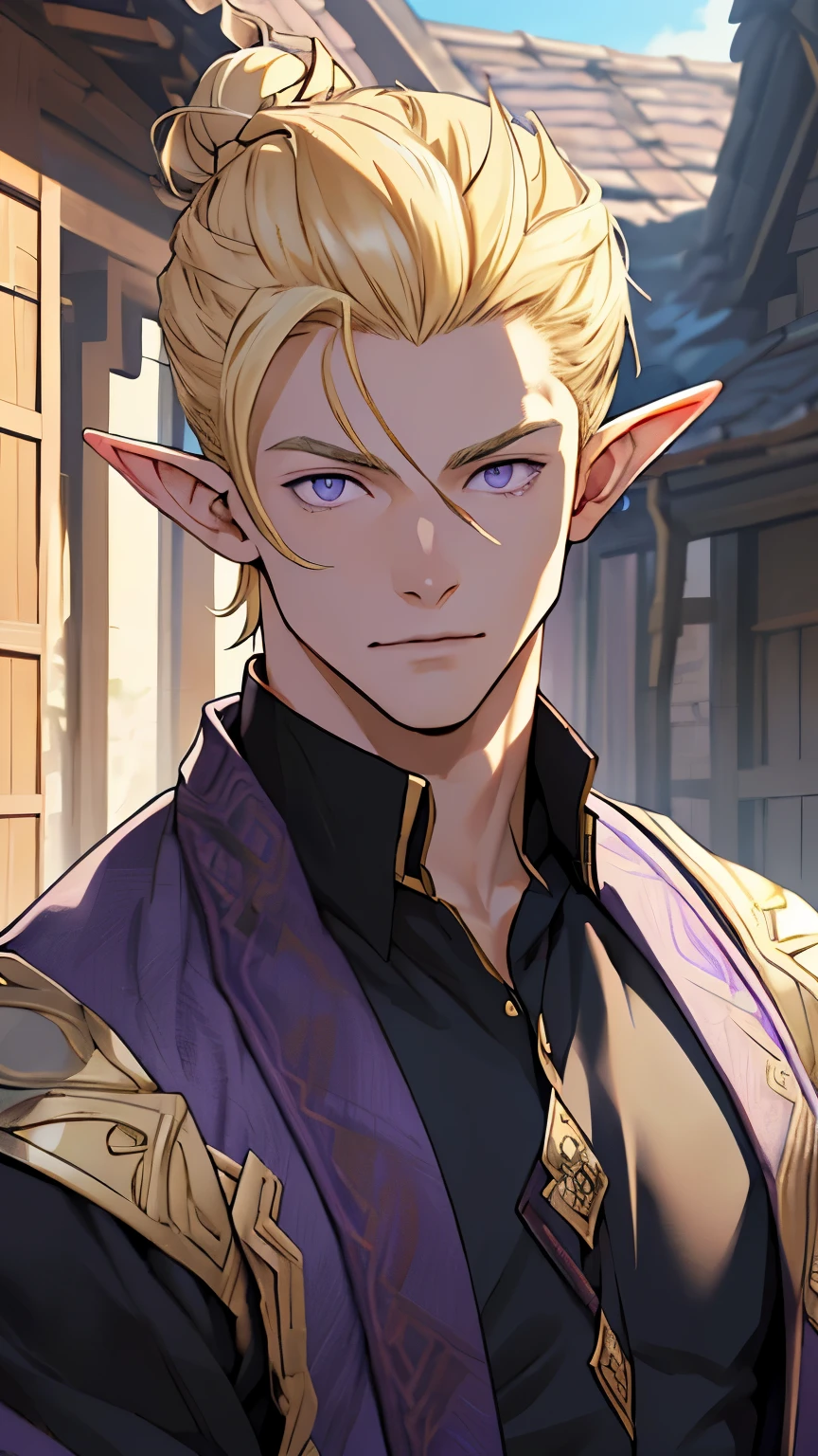 (masterpiece), best quality, high quality, 1 boy, beautiful face, handsome, sunlight, elf ears, pointy ears, handsome, blonde hair, bun hairstyle, purple eyes, black top, upper body, house background, looking straight, purple eyes,
