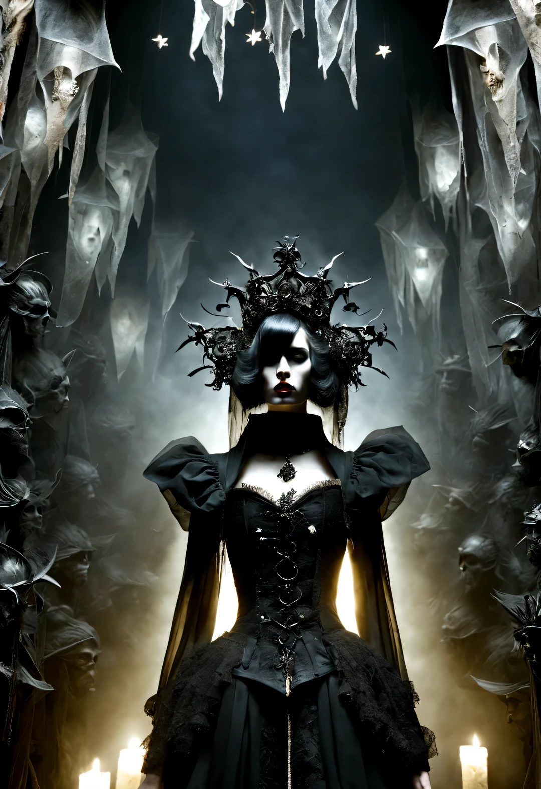 Gothic red fashion show,Model wearing gothic shabby tunic,Perform a drama of joys and sorrows。His face looked even paler under the dim light,Eyes are deep and mysterious,The scene is decorated like a medieval castle, The atmosphere is mysterious and solemn.,Huge black curtains hang from the ceiling,it'Like the clouds covering the stars at night,The scattered candlesticks on the wall gave off a faint flickering light.,Casting dappled light and shadow on the site,Strange and romantic atmosphere,The air is filled with the faint smell of vanilla and incense., waste plastic,antenna,Oversized old straw hat,gear,Decadence scent,This is the beginning of everything,so never stop。Gothic style can also be seen as a barbaric growth,Born towards the sun!Appearance reflects the ideology of the era. Makeup skips the flashy show,Go straight to the heart.,through the clothes in front of me,There are countless invisible fashions.,Alexander mcqueen is called the God of Goth, mcqueen's’ designs always have a strong flavor of gothic asceticism、