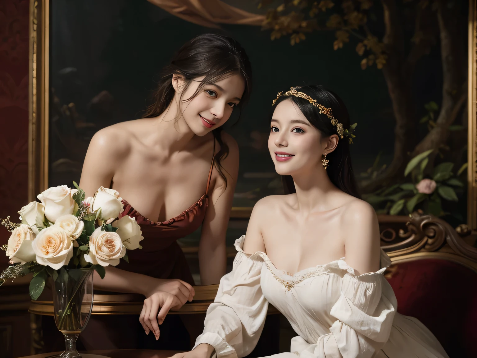 jack＝Louis David&#39;s painting style,Discussion between two female philosophers,math、astronomical machine、astronaut、roses in vase、fruit、Cute trinkets、smile、ancient greek costume、The background is a forest lake at night 、Clothes that stretch your shoulders、A big smile、beautiful bare skin、A detailed representation of the seducing woman throughout her body..