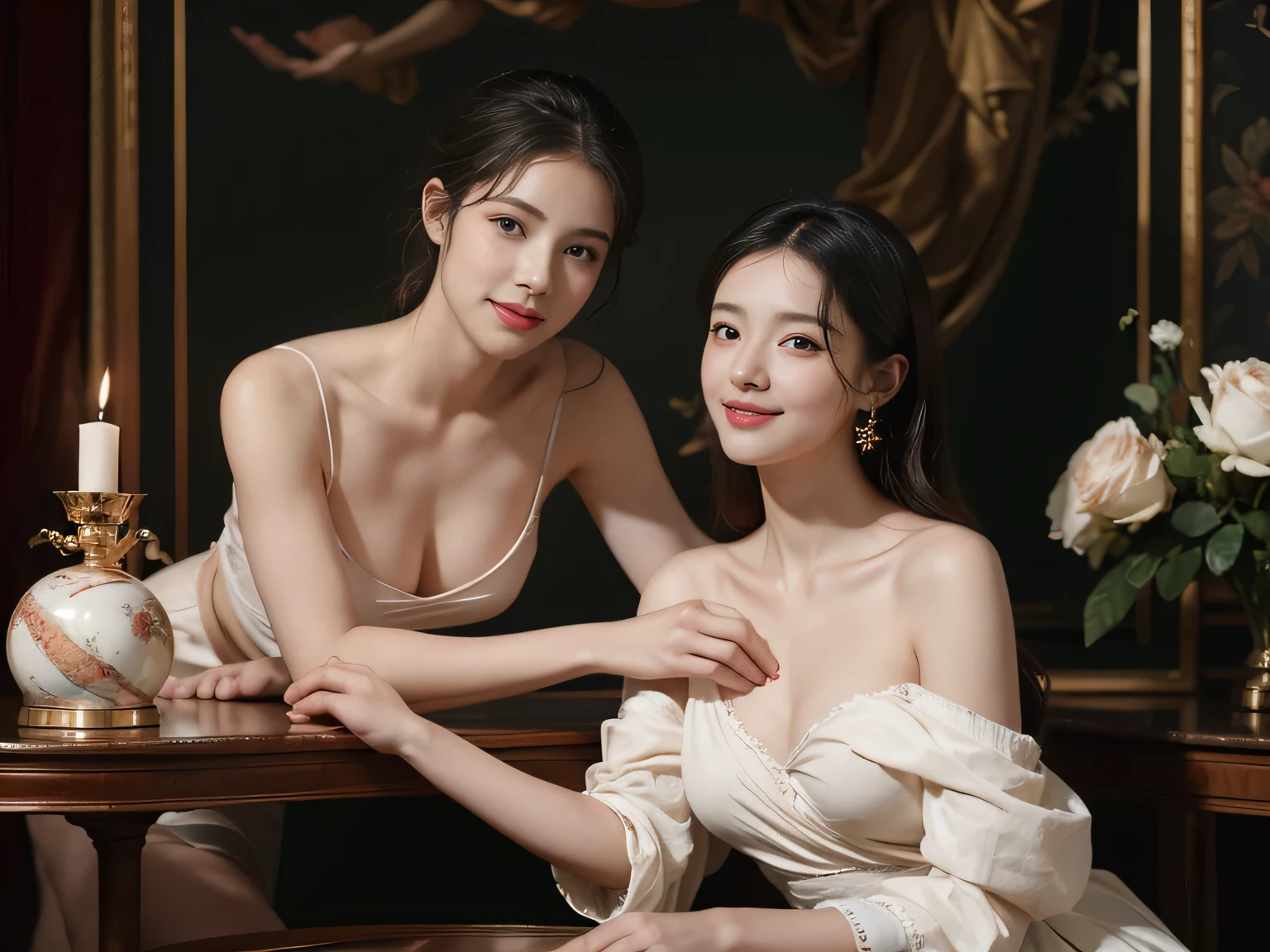 jack=Louis David's painting style,Discussion between two female philosophers,math、astronomical machine、astronaut、roses in vase、fruit、Cute trinkets、smile、ancient greek costume、The background is a forest lake at night 、Clothes that stretch your shoulders、A big smile、beautiful bare skin、A detailed representation of the seducing woman throughout her body..