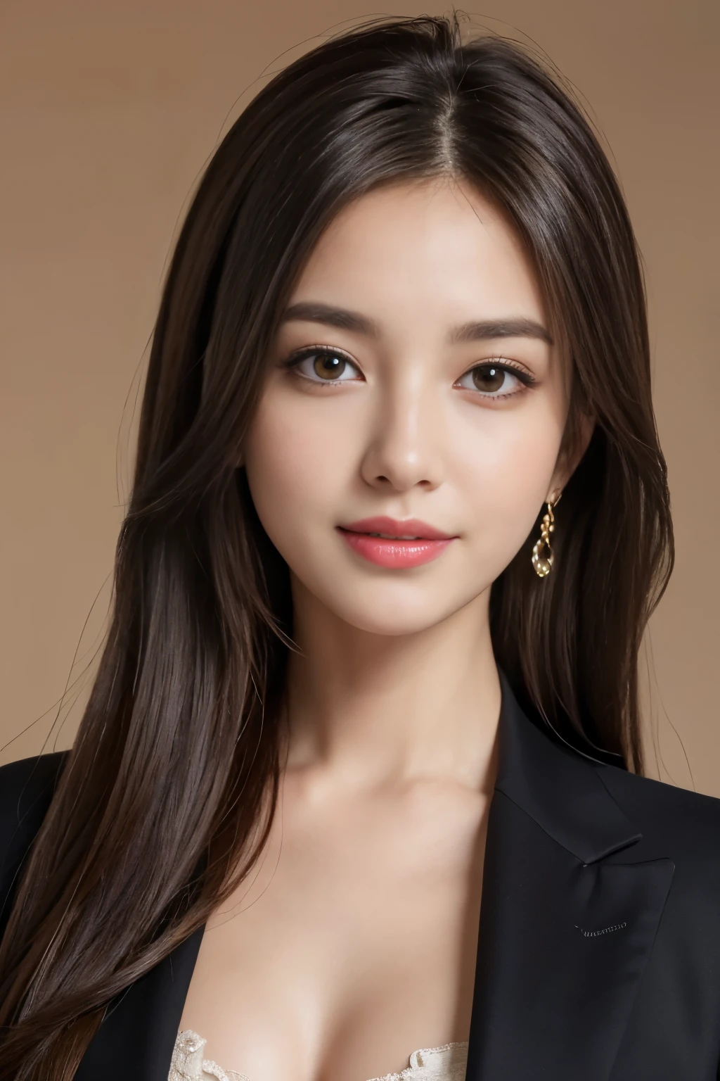 best quality, realistically, super detailed, detailed pubic hair, High resolution, solid color background，8k wallpaper, 1 beautiful woman,,light brown messy hair, wear a dark suit, lock focus, perfect dynamic composition, beautiful eyes, delicate hair, 细致realistically的皮肤纹理, smile, close up portrait, model body shape
