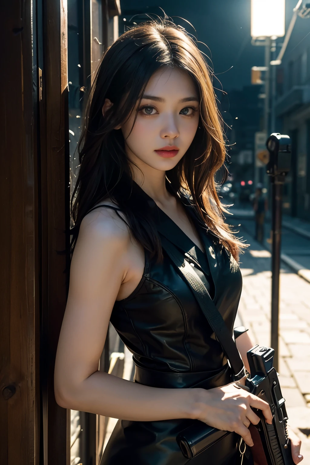 A Japanese girl in a photorealistic environment, with beautifully detailed eyes and lips, holding an automatic rifle, standing in front of a Suzuki Jimny. The girl's skin texture is extremely realistic, with long eyelashes. The environment is rendered with high quality and resolution, such as 4k or 8k. The overall scene has studio lighting, showcasing vivid colors and sharp focus. The art style is a mix of portraits and landscape, with a touch of sci-fi. The color palette is rich and vibrant, adding depth and visual interest to the image. The lighting is carefully designed to create a dramatic effect, enhancing the overall atmosphere of the scene.desert
