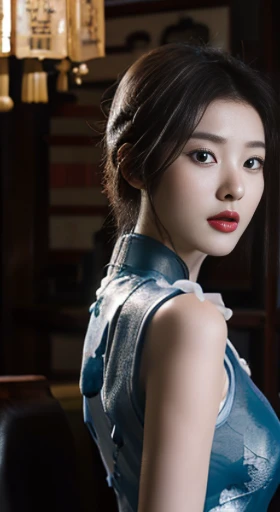 original，masterpiece，Super detailed photos，best quality，ultra high resolution，photo reality，Sunlight，full body portrait，stunningly beautiful，，dynamic poses，delicate face，vibrant eyes，（View from the side），((Beautifully_blue_On the cheongsam))，On the cheongsam，Off the shoulders，Beautifully head flower，Sitting on leather sofa，Very detailed background，Detailed faces，Detailed and complex busy background，untidy，abundant cleavage，Milky white W，highly refined skin，Authentic skin details，Visible pores，lock focus，volumetric fog，8K Ultra HD，digital SLR camera，high quality，film grain，White skin，photorealism，DL，A metropolis in a future dystopia , looking from bottom to top, translucent