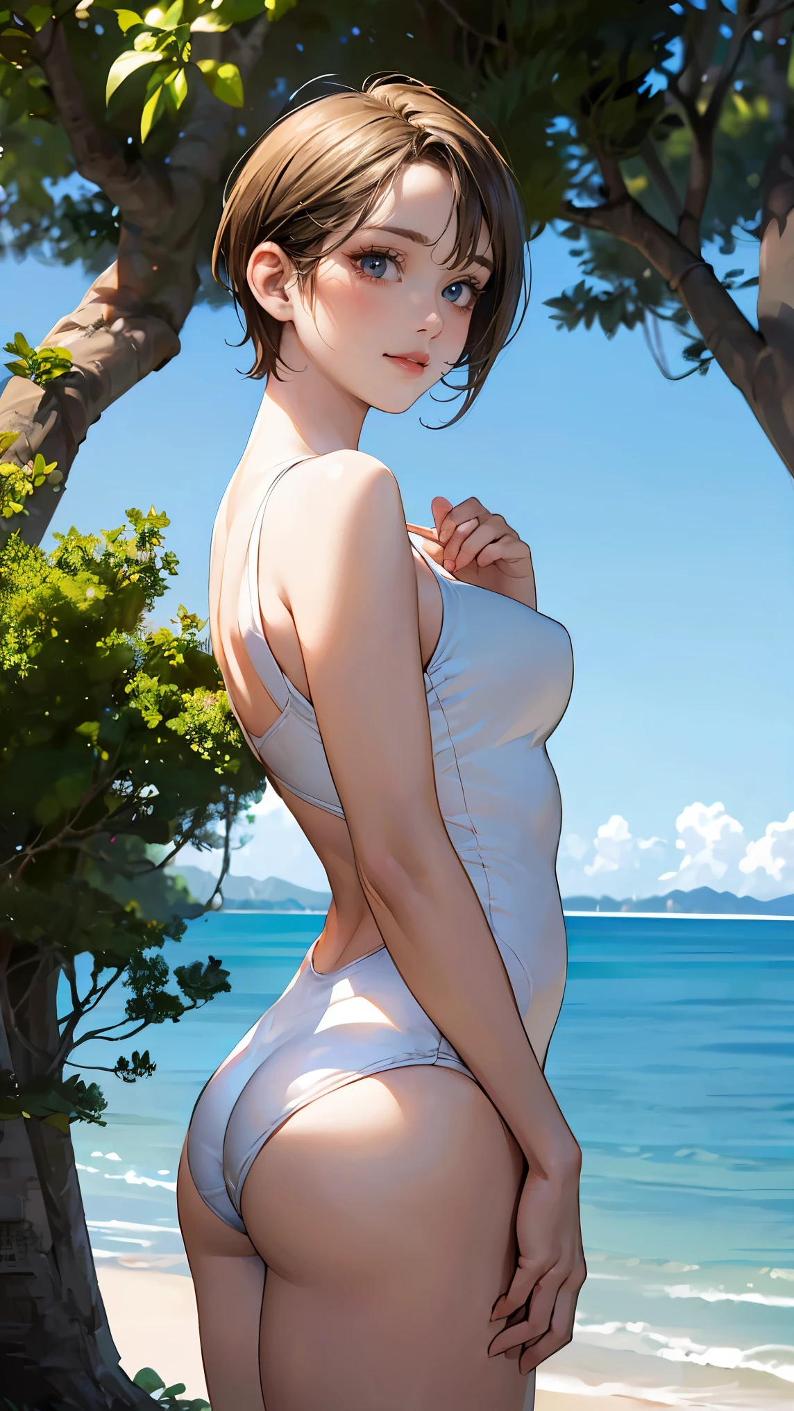 (masterpiece:1.2, highest quality), (realistic, photorealistic:1.4), beautiful illustrations, (natural side lighting, movie lighting), looking at the viewer, Upper body, (Front view), 1 girl, perfect face, Cute symmetrical face, shiny skin, baby face, long eyelash, (large :0.3), (wide hips),beautiful hair, beautiful face, detailed and beautiful eyes, beautiful body, beautiful breastsiful thighs, beautiful feet, beautiful fingers,(beautiful scenery),(cute smile:1.2, upper eye),Beautiful girl,one-piece swimwear,white swimwear,sea side,(camel toe:1.1)ir,buzz cut,blonde hair,