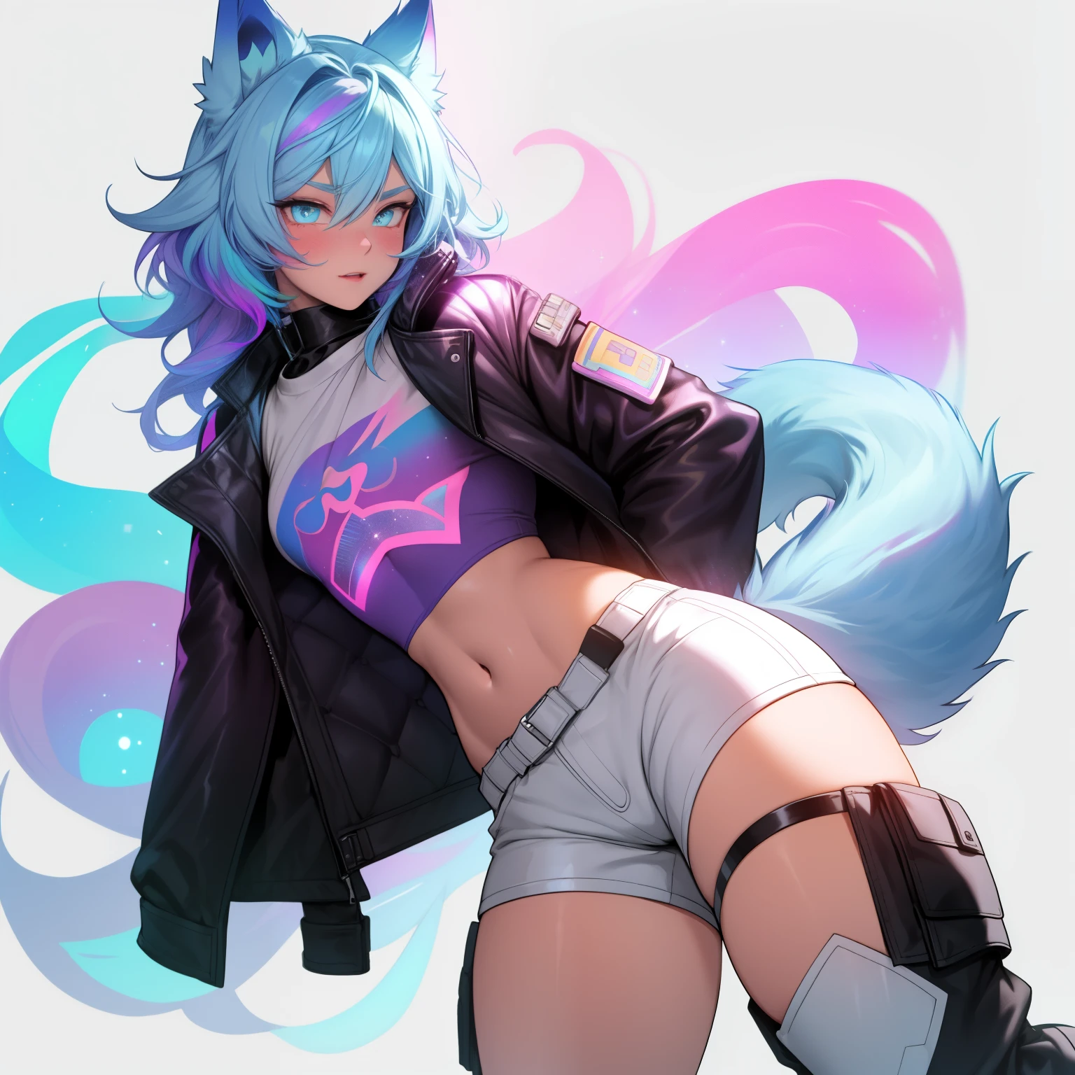 a short, skinny, galactic space young boy wearing a leather rainbow trench coat with a peacock inspired design, glowing blue eyes, wearing cropped t-shirt, flat chested, flat chest (SUPER FLAT CHEST) has wolf ears and a wolf tail, wide hips, pink lips, thick thighs, has long wavy rainbow gradient colored sparkly hair, twink, happy, blushing, flustered, showing thighs, wearing thigh high boots, wearing short shorts, curvy, solo, alone, (SOLO)(ALONE), has long wavy rainbow gradient colored sparkly hair