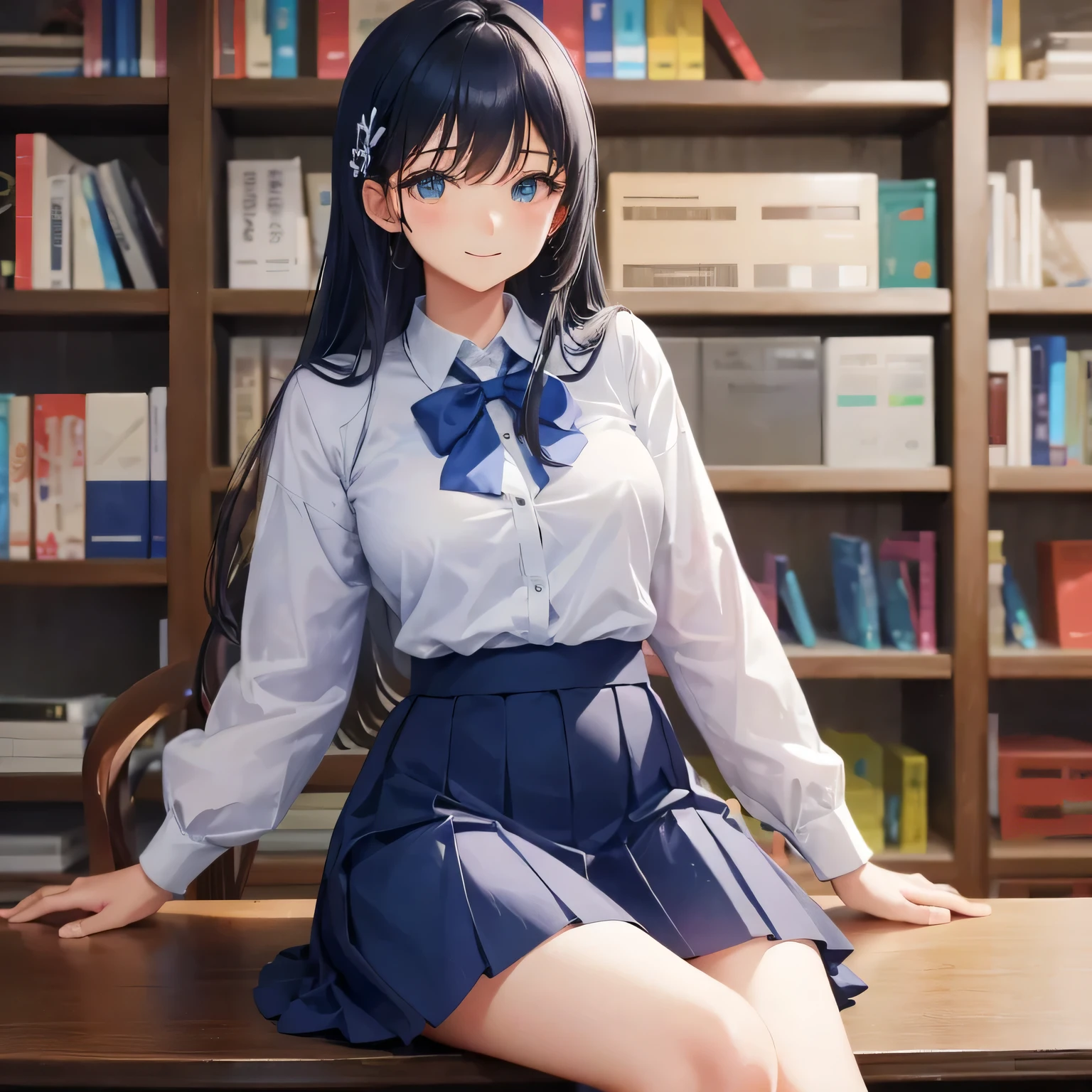 1 high school girl　alone　high school uniform　White Y shirt long sleeve　blue ribbon　dark blue hair color　dark blue hair color　big breasts　library　学校のlibrary　bookshelf　sit on a chair　loafers　full body portrait　slim body shape　cool look　Laugh a little　Highlight the thigh skirt
