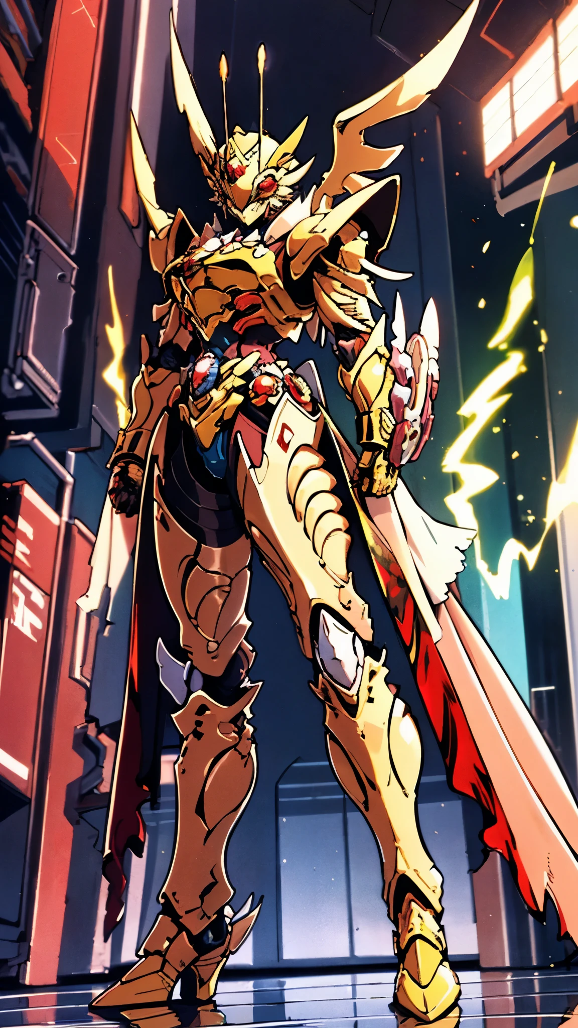 A woman adorned in fantasy-style full-body armor, a crown-concept fully enclosed helmet that unveils only her eyes, a composite layered chest plate, fully encompassing shoulder and hand guards, a lightweight waist armor, form-fitting shin guards, the overall design is heavy-duty yet flexible, ((the armor gleams with a golden glow, complemented by red and blue accents)), exhibiting a noble aura, she floats above a fantasy-surreal high-tech city, this character embodies a finely crafted fantasy-surreal style armored hero in anime style, exquisite and mature manga art style, (Queen bee mixed with Spider concept Armor, plasma, blood), ((Element, energy, elegant, goddess, femminine:1.5)), metallic, high definition, best quality, highres, ultra-detailed, ultra-fine painting, extremely delicate, professional, anatomically correct, symmetrical face, extremely detailed eyes and face, high quality eyes, creativity, RAW photo, UHD, 32k, Natural light, cinematic lighting, masterpiece-anatomy-perfect, masterpiece:1.5