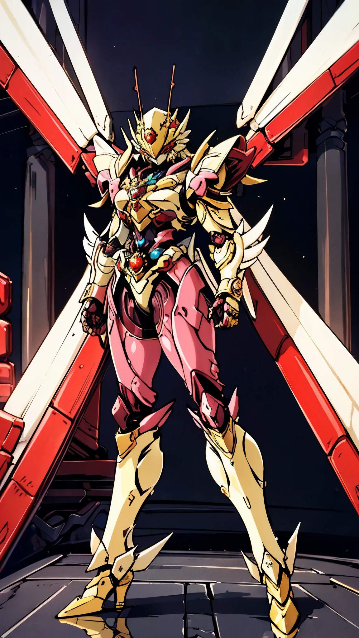 A woman adorned in fantasy-style full-body armor, a crown-concept fully enclosed helmet that unveils only her eyes, a composite layered chest plate, fully encompassing shoulder and hand guards, a lightweight waist armor, form-fitting shin guards, the overall design is heavy-duty yet flexible, ((the armor gleams with a golden glow, complemented by red and blue accents)), exhibiting a noble aura, she floats above a fantasy-surreal high-tech city, this character embodies a finely crafted fantasy-surreal style armored hero in anime style, exquisite and mature manga art style, (Queen bee mixed with Spider concept Armor, plasma, blood), ((Element, energy, elegant, goddess, femminine:1.5)), metallic, high definition, best quality, highres, ultra-detailed, ultra-fine painting, extremely delicate, professional, anatomically correct, symmetrical face, extremely detailed eyes and face, high quality eyes, creativity, RAW photo, UHD, 32k, Natural light, cinematic lighting, masterpiece-anatomy-perfect, masterpiece:1.5