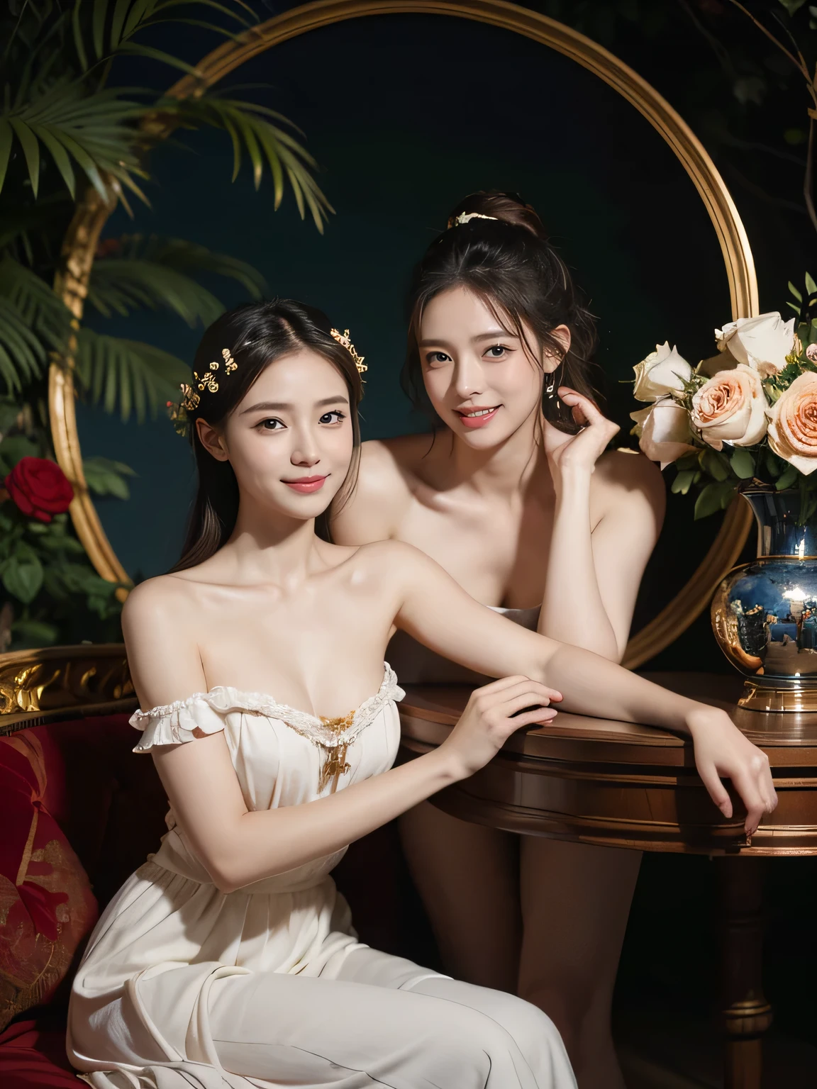 Jacques-Louis David painting style,Arguments of two female Philosophe,math、astronomical machine、astronaut、roses in vase、fruits、Cute trinkets、smile、ancient greek costume、Background is a forest lake at night 、Clothes that stretch your shoulders、A big smile、beautiful bare skin、A detailed representation of the seducing woman throughout her body.