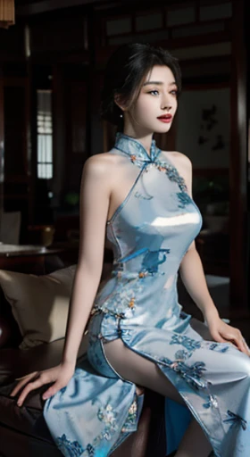 original，masterpiece，Super detailed photos，best quality，ultra high resolution，photo reality，Sunlight，full body portrait，stunningly beautiful，，dynamic poses，delicate face，vibrant eyes，（View from the side），((Beautifully_blue_On the cheongsam))，On the cheongsam，Off the shoulders，Beautifully head flower，Sitting on leather sofa，Very detailed background，Detailed faces，Detailed and complex busy background，untidy，abundant cleavage，Milky white W，highly refined skin，Authentic skin details，Visible pores，lock focus，volumetric fog，8K Ultra HD，digital SLR camera，high quality，film grain，White skin，photorealism，DL，A metropolis in a future dystopia , looking from bottom to top, translucent