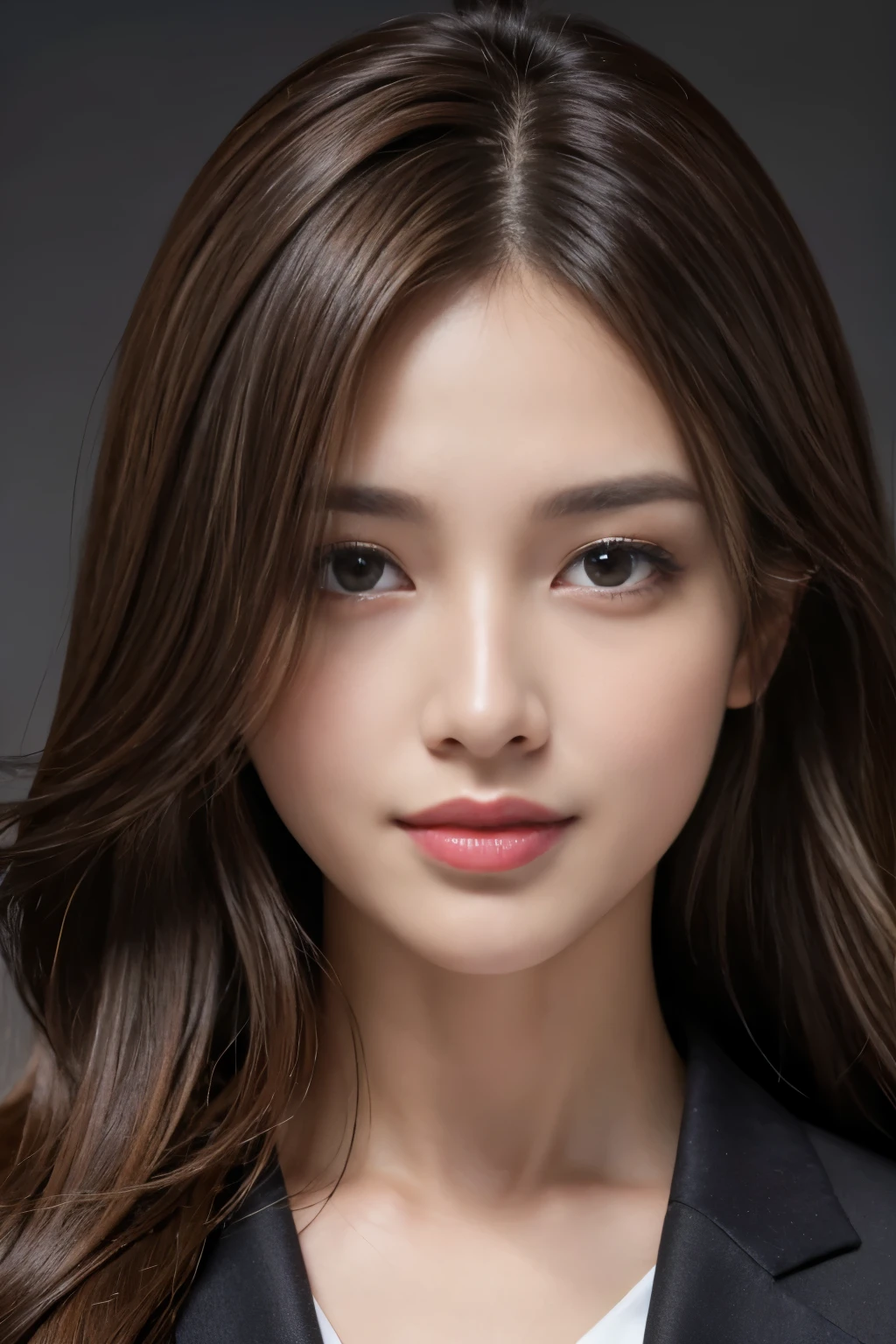 best quality, realistically, super detailed, detailed pubic hair, High resolution, solid color background,8k wallpaper, 1 beautiful woman,,light brown messy hair, wear a dark suit, lock focus, perfect dynamic composition, beautiful eyes, delicate hair, 细致realistically的皮肤纹理, smile, close up portrait, model body shape、((shortcut:1.3)),upward