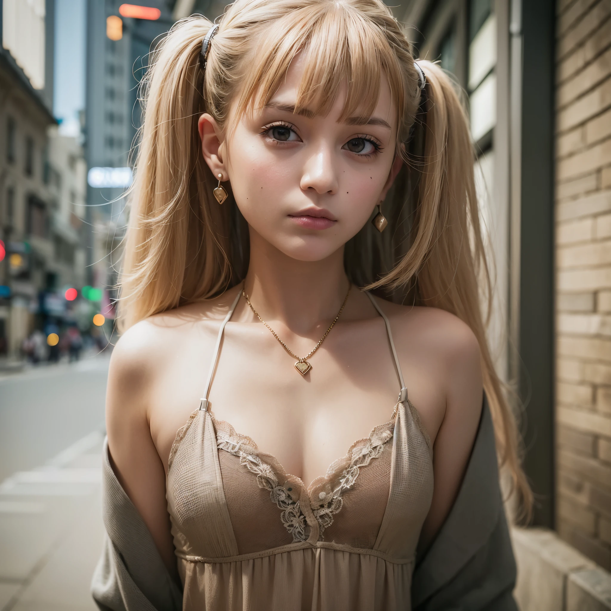 (8k,4k,highest quality,high resolution:1.1),(realistic, realistic: 1.1),close up of european man,young girl,1 girl,alone,face,twin tails,bangs,short golden hair,necklace,earrings,lips,eye shadow, jewelry,(golden hair),(beautiful),(Are standing),(small hips),downtown,natural skin texture,24mm,4K texture,soft movie-like light,RAW photo, photorealism,realistic,Complex,elegant, highly be familiar with,sharp focus,((((cinematic look)))),soothing tone,insane details, Complex details,hyperbe familiar with,low contrast, soft movie-like light,dim color,exposure blend,HDR,faded,spaghetti straps,be familiar with, high contrast,  