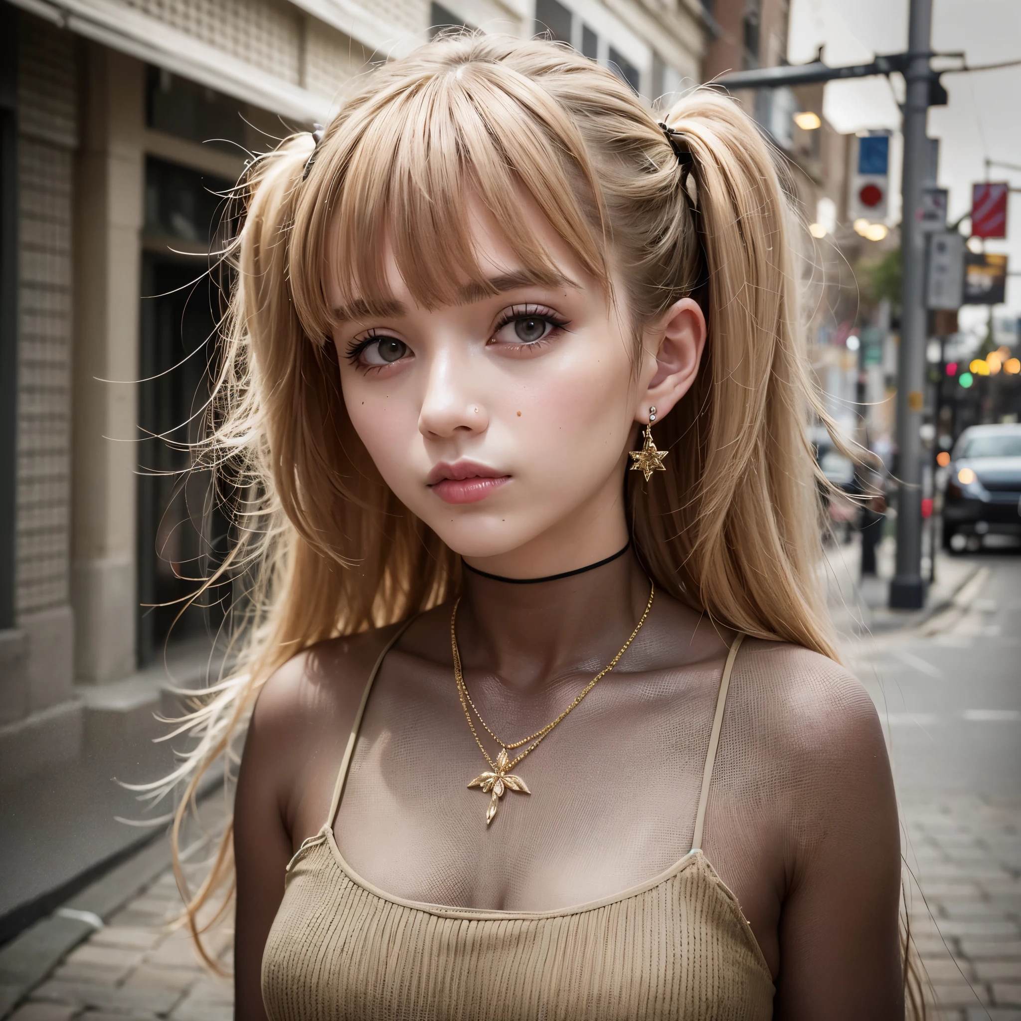 (8k,4k,highest quality,high resolution:1.1),(realistic, realistic: 1.1),close up of european man,young girl,1 girl,alone,face,twin tails,bangs,short golden hair,necklace,earrings,lips,eye shadow, jewelry,(golden hair),(beautiful),(Are standing),(small hips),downtown,natural skin texture,24mm,4K texture,soft movie-like light,RAW photo, photorealism,realistic,Complex,elegant, highly be familiar with,sharp focus,((((cinematic look)))),soothing tone,insane details, Complex details,hyperbe familiar with,low contrast, soft movie-like light,dim color,exposure blend,HDR,faded,spaghetti straps,be familiar with, high contrast,