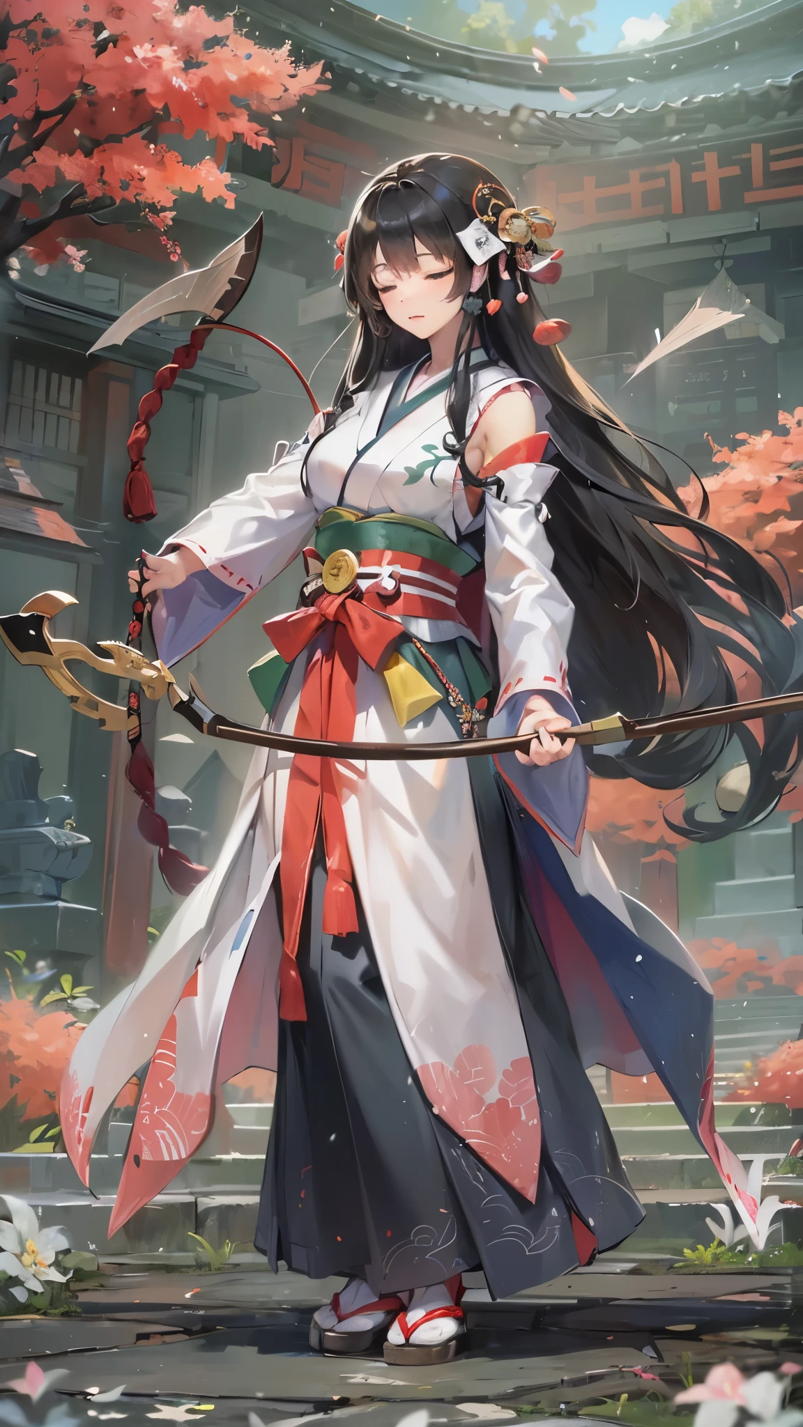 (perfect anatomy, masterpiece:1.2, best quality, 8k, beautiful detailed grow, daydreaming expression), break, ((battle fighting stance skilled:1.3 hold hand with a ((japanese divine bow and arrow)), (solo:1.2 blunt:1.1 bangs black hair long hair beautiful divine archer girl, 14 yo, closed eyes), in a shrine maiden costumebreak, break, background Dazaifu Tenmangu.