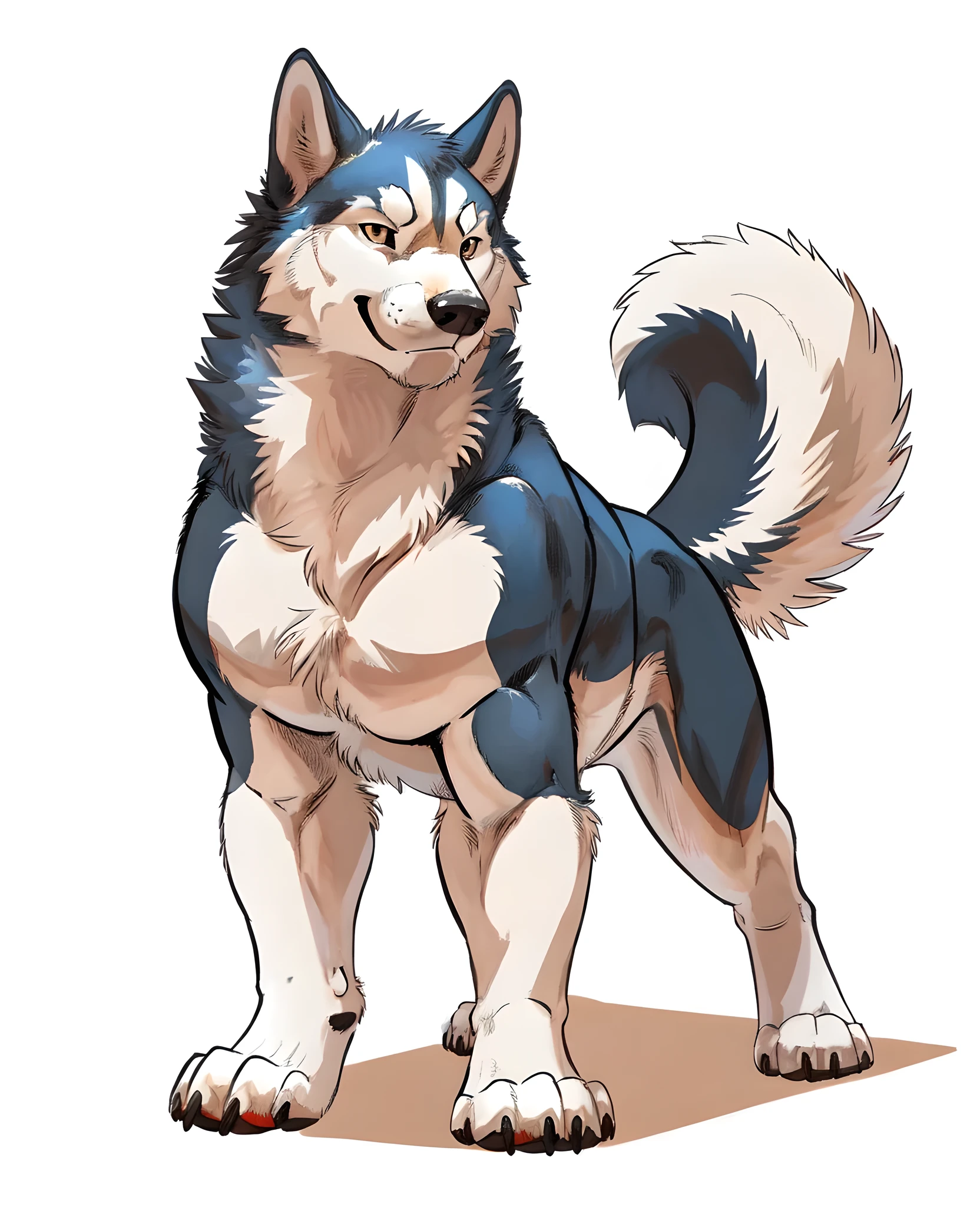 husky, masculine, male, feral husky, quadruped, feral, muscular:1.0, pectorals:1.5, wide chest, muscular chest, by negger, white background, full body, posing