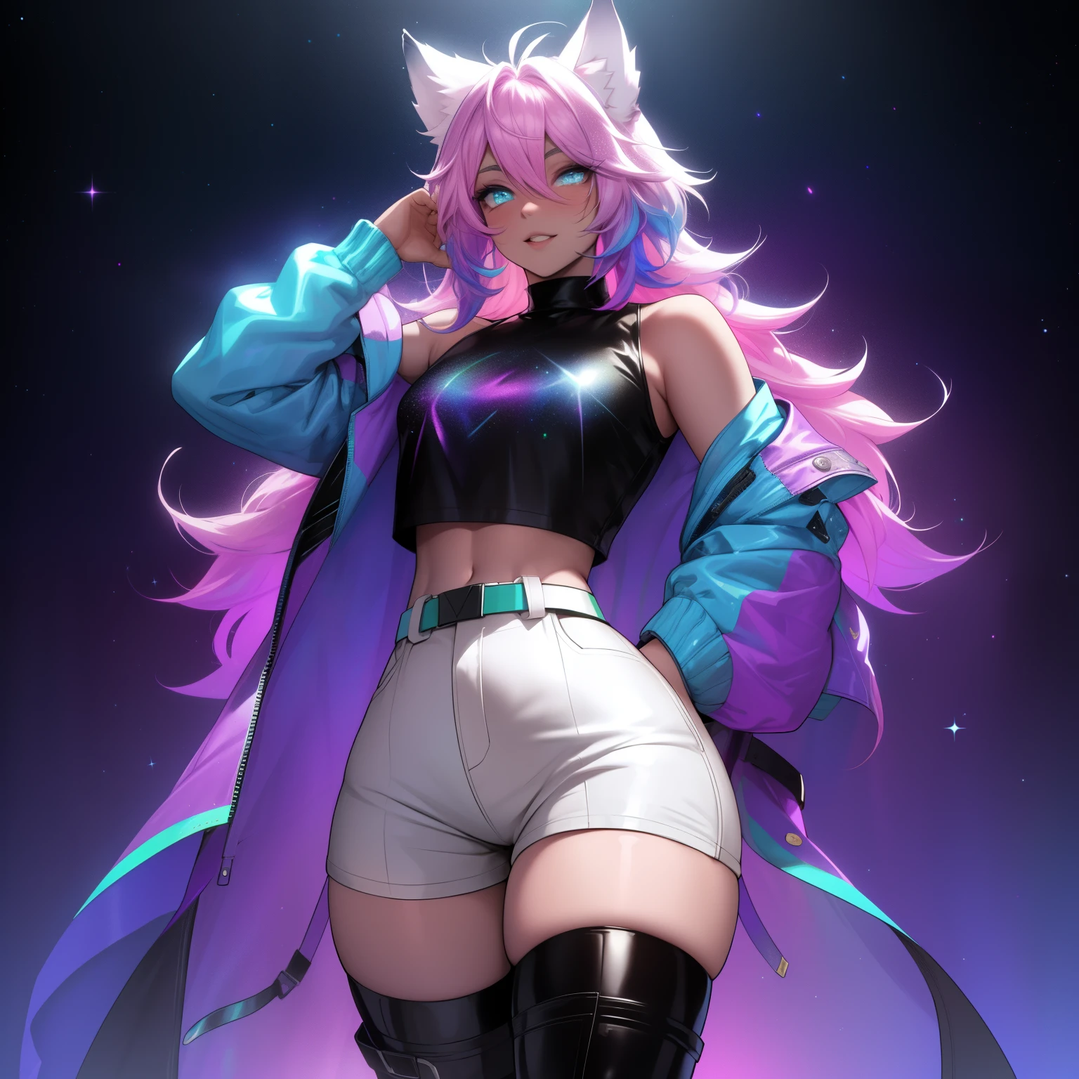 a short, skinny, galactic space young boy wearing a leather rainbow trench coat with a peacock inspired design, glowing blue eyes, wearing cropped t-shirt, flat chested, flat chest (SUPER FLAT CHEST) has wolf ears and a wolf tail, wide hips, pink lips, thick thighs, has long wavy rainbow gradient colored sparkly hair, twink, happy, blushing, flustered, showing thighs, wearing thigh high boots, wearing short shorts, curvy, solo, alone, (SOLO)(ALONE), has long wavy rainbow gradient colored sparkly hair