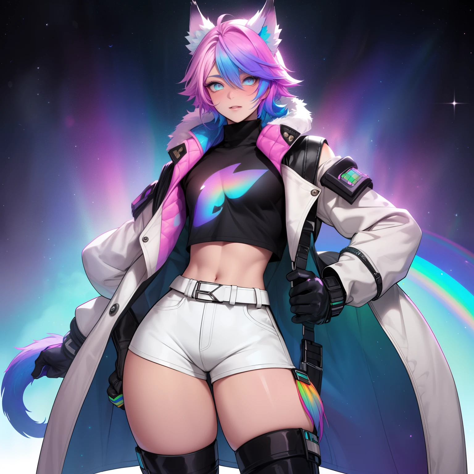 a short, skinny, galactic space young boy wearing a leather rainbow trench coat with a peacock inspired design, glowing blue eyes, wearing cropped t-shirt, flat chested, flat chest (SUPER FLAT CHEST) has wolf ears and a wolf tail, wide hips, pink lips, thick thighs, has long wavy rainbow gradient colored sparkly hair, twink, happy, blushing, flustered, showing thighs, wearing thigh high boots, wearing short shorts, curvy, solo, alone, (SOLO)(ALONE), has long wavy rainbow gradient colored sparkly hair