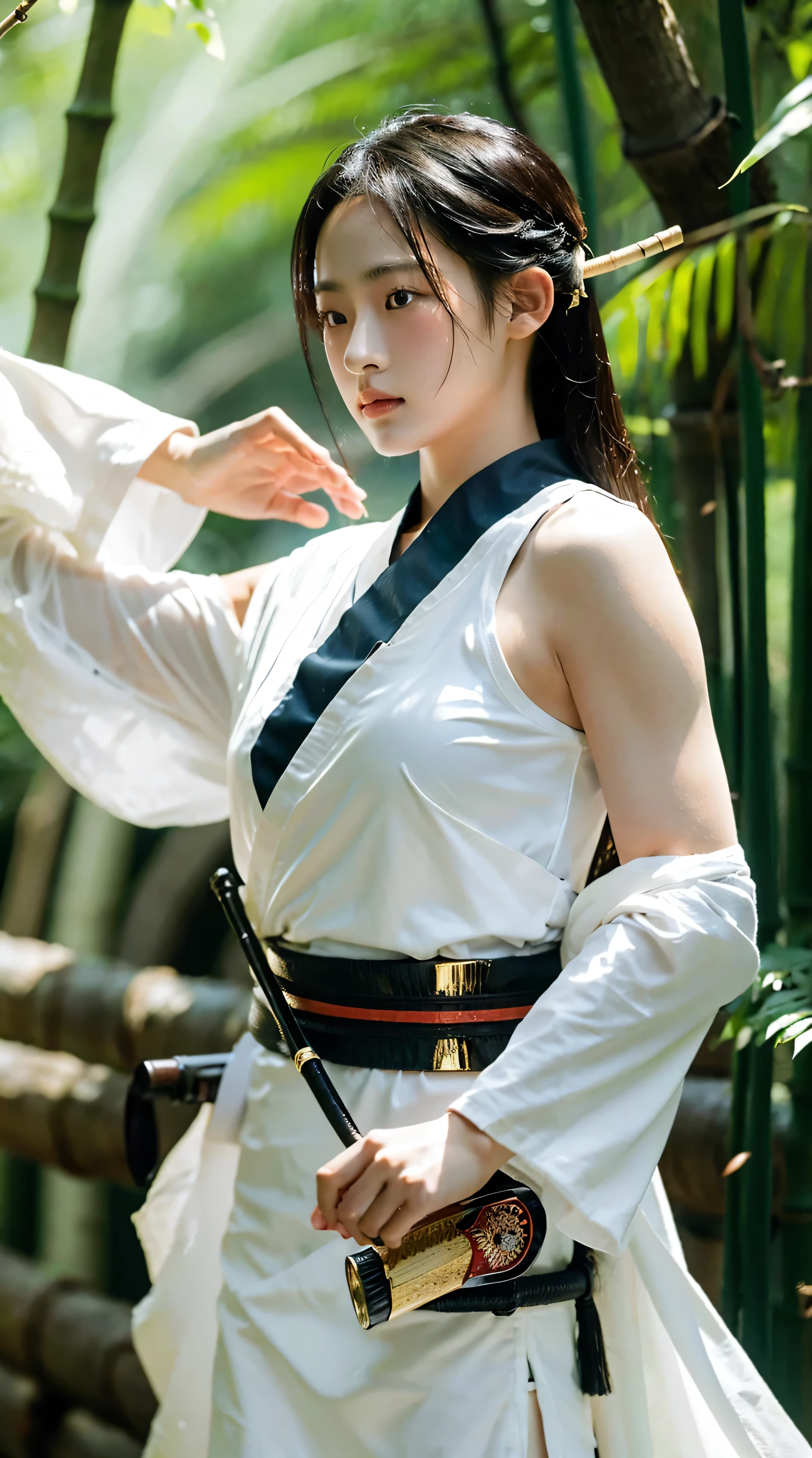 A woman who has been and tied up is squatting on the shore of a lake、Her hands are behind her back and her wrists are tied with rope、Beauty、Wearing a short-sleeved blouse、She is wearing a skirt with a Barbarian pattern.、View from directly behind、Looking Ahead、black hair, bangs, floating hair, straight hair, shiny hair, eyeball, blush, blush, shy, Surrealism, cinematic lighting, first-person view, pov, pov, UHD, best quality, highres, 8k