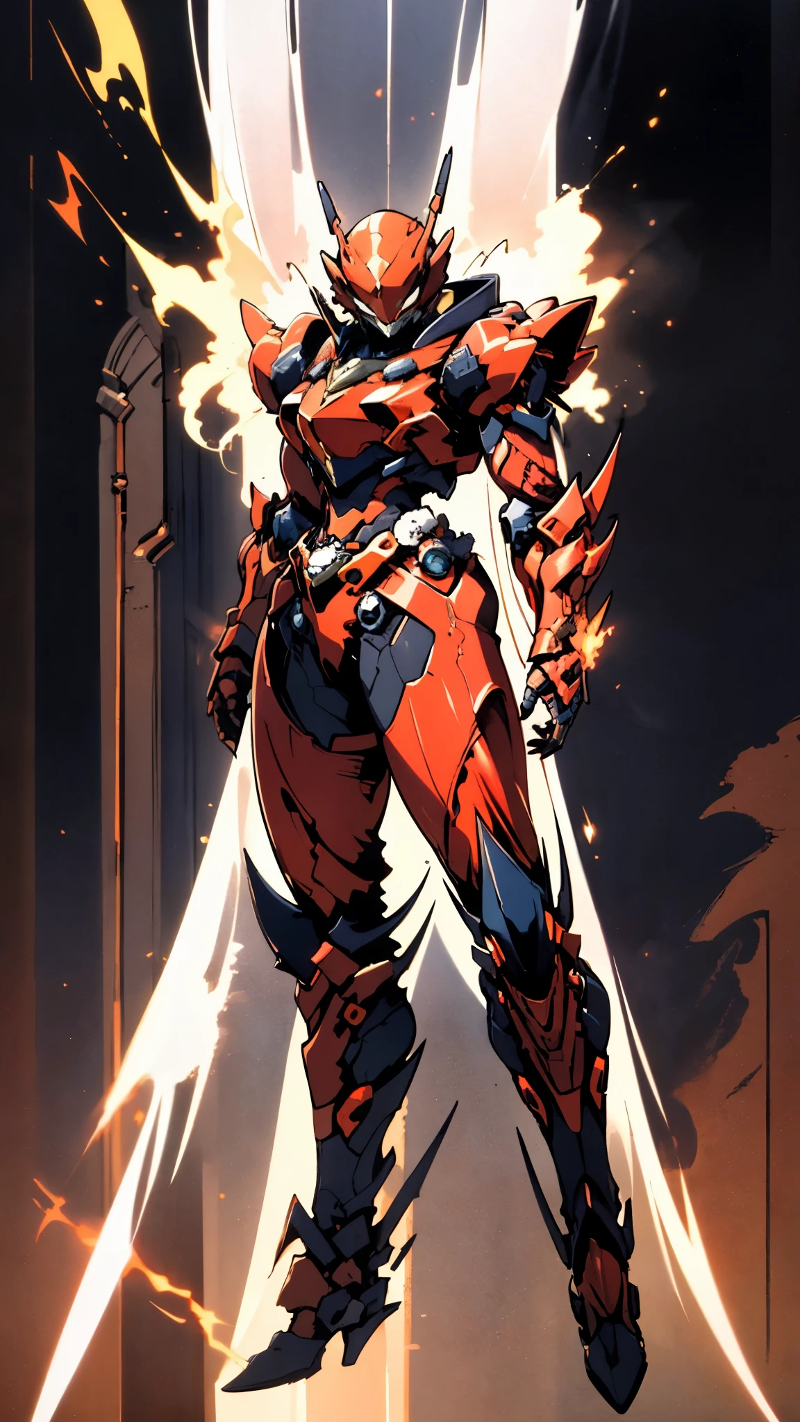 A woman adorned in fantasy-style full-body armor, a crown-concept fully enclosed helmet that unveils only her eyes, a composite layered chest plate, fully encompassing shoulder and hand guards, a lightweight waist armor, form-fitting shin guards, the overall design is heavy-duty yet flexible, ((the armor gleams with a golden glow, complemented by red and blue accents)), exhibiting a noble aura, she floats above a fantasy-surreal high-tech city, this character embodies a finely crafted fantasy-surreal style armored hero in anime style, exquisite and mature manga art style, (Queen bee mixed with Spider concept Armor, plasma, blood), ((Element, energy, elegant, goddess, femminine:1.5)), metallic, high definition, best quality, highres, ultra-detailed, ultra-fine painting, extremely delicate, professional, anatomically correct, symmetrical face, extremely detailed eyes and face, high quality eyes, creativity, RAW photo, UHD, 32k, Natural light, cinematic lighting, masterpiece-anatomy-perfect, masterpiece:1.5