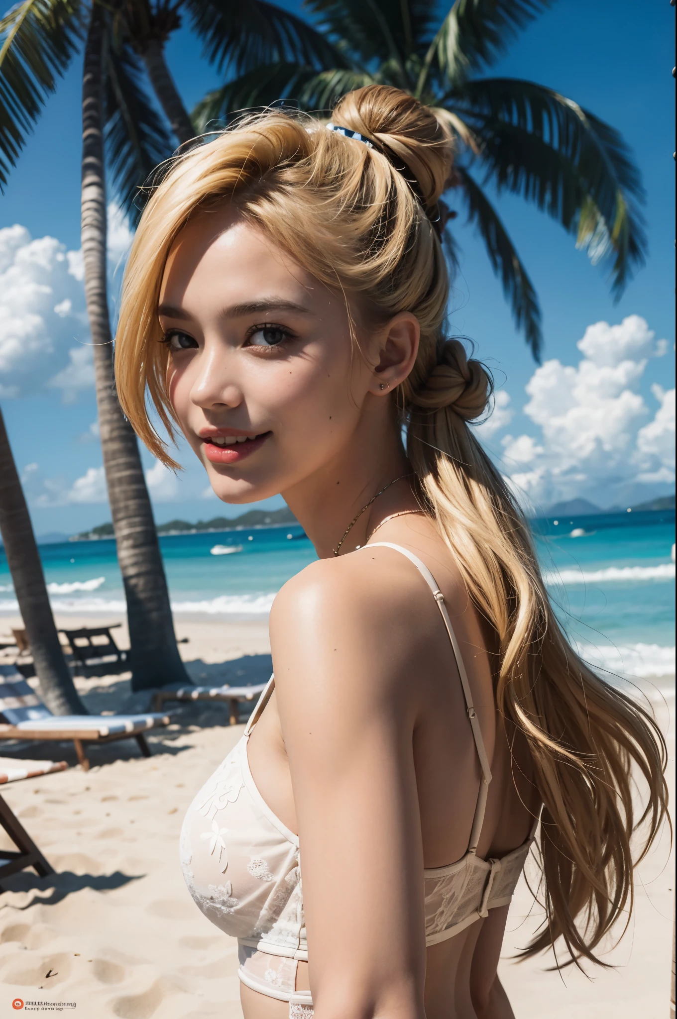 best quality, masterpiece, ultra high resolution, (realistic:1.4), RAW photos, 1 woman, blond hair, formal updo,glowing skin, dramatic lighting,(laugh:1.2), palm tree, sunny weather, Beach, palm tree, sunny weather, Beach, palm tree, sunny weather, Beach, palm tree, sunny weather, Beach