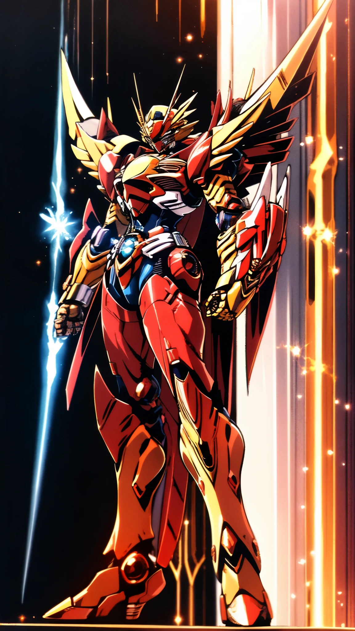 A woman adorned in fantasy-style full-body armor, a crown-concept fully enclosed helmet that unveils only her eyes, a composite layered chest plate, fully encompassing shoulder and hand guards, a lightweight waist armor, form-fitting shin guards, the overall design is heavy-duty yet flexible, ((the armor gleams with a golden glow, complemented by red and blue accents)), exhibiting a noble aura, she floats above a fantasy-surreal high-tech city, this character embodies a finely crafted fantasy-surreal style armored hero in anime style, exquisite and mature manga art style, (Queen bee mixed with Spider concept Armor, plasma, blood), ((Element, energy, elegant, goddess, femminine:1.5)), metallic, high definition, best quality, highres, ultra-detailed, ultra-fine painting, extremely delicate, professional, anatomically correct, symmetrical face, extremely detailed eyes and face, high quality eyes, creativity, RAW photo, UHD, 32k, Natural light, cinematic lighting, masterpiece-anatomy-perfect, masterpiece:1.5