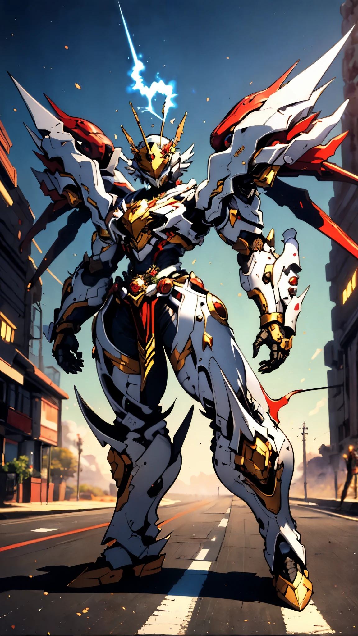 A woman adorned in fantasy-style full-body armor, a crown-concept fully enclosed helmet that unveils only her eyes, a composite layered chest plate, fully encompassing shoulder and hand guards, a lightweight waist armor, form-fitting shin guards, the overall design is heavy-duty yet flexible, ((the armor gleams with a golden glow, complemented by red and blue accents)), exhibiting a noble aura, she floats above a fantasy-surreal high-tech city, this character embodies a finely crafted fantasy-surreal style armored hero in anime style, exquisite and mature manga art style, (Queen bee mixed with Spider concept Armor, plasma, blood), ((Element, energy, elegant, goddess, femminine:1.5)), metallic, high definition, best quality, highres, ultra-detailed, ultra-fine painting, extremely delicate, professional, anatomically correct, symmetrical face, extremely detailed eyes and face, high quality eyes, creativity, RAW photo, UHD, 32k, Natural light, cinematic lighting, masterpiece-anatomy-perfect, masterpiece:1.5
