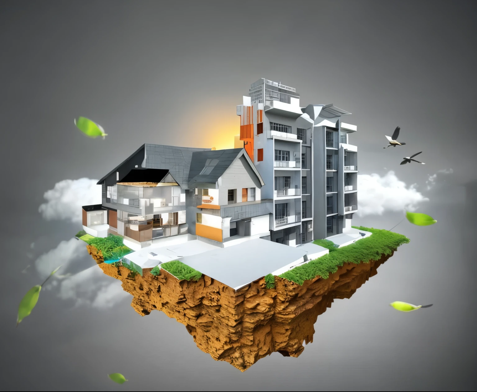 arafed house on a piece of land with a flying bird, buildings are flying, in style of 3d render, highly detailed 3d render, highly detailed 3 d render, highly detailed illustration, rendered, very realistic 3 d render, rendered illustration, 3d rendering, 3 d rendering, complex 3 d render, complex 3d render, awesome greate composition