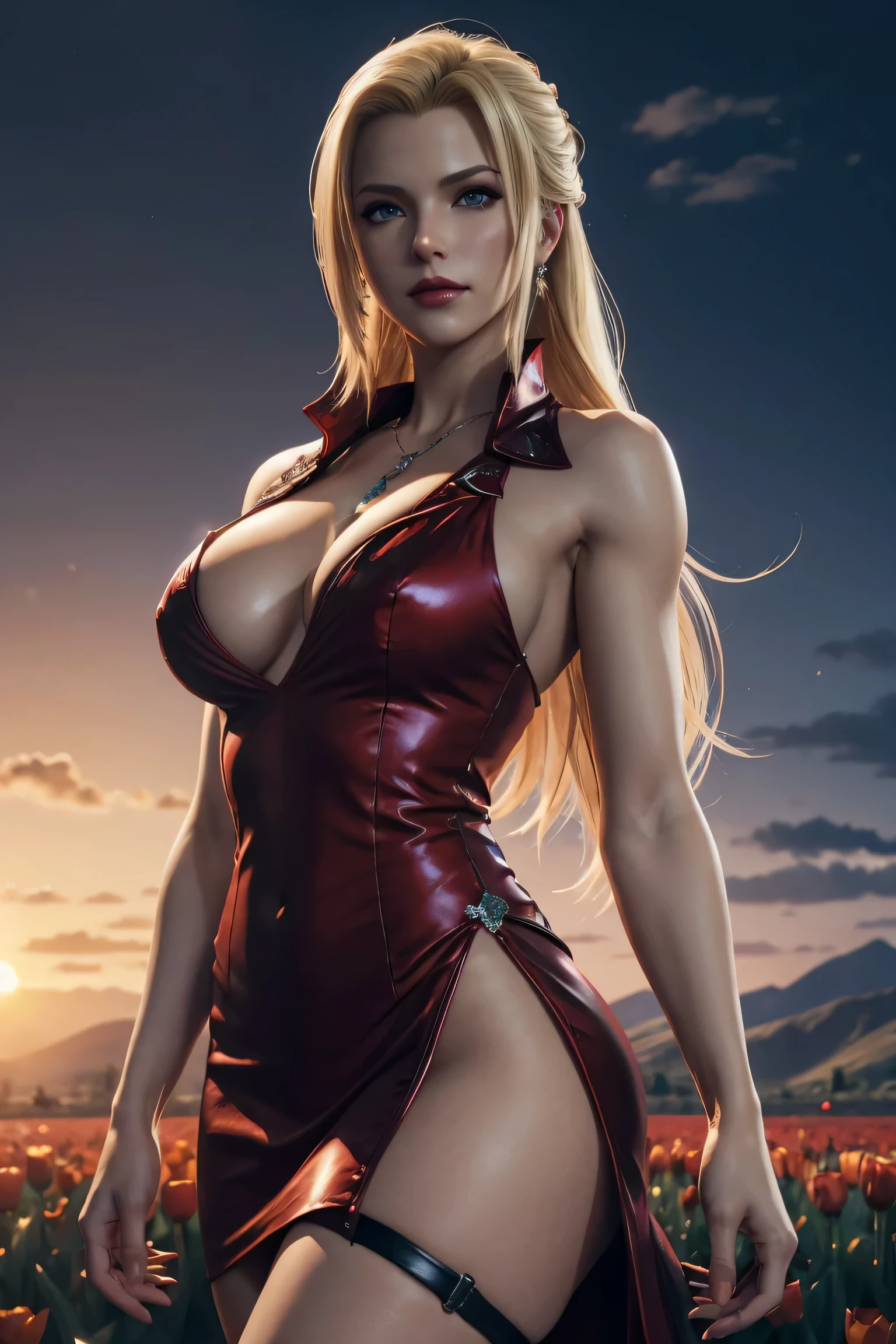 scarlet,final fantasy 7,FF7,blonde hair,one length,Let down one side of your bangs,beautiful purple eyes,white skin,red lips,red long dress,Black see-through blouse,black stockings,red high heels,emerald necklace,super high quality,super high quality,masterpiece,digital single lens reflex,realistic,Detailed details,vivid details,depicted in detail,detailed face,Detailed details,Super detailed,realistic skin texture,based on anatomical basis,perfect anatomy,anatomically correct hand,anatomically correct fingers,Complex 3D rendering,sexy pose,beautiful red tulip field,Final Fantasy Worldview,Dark worldview,fantastic sunset,fantastic sunset,beauty like a painting,smile,