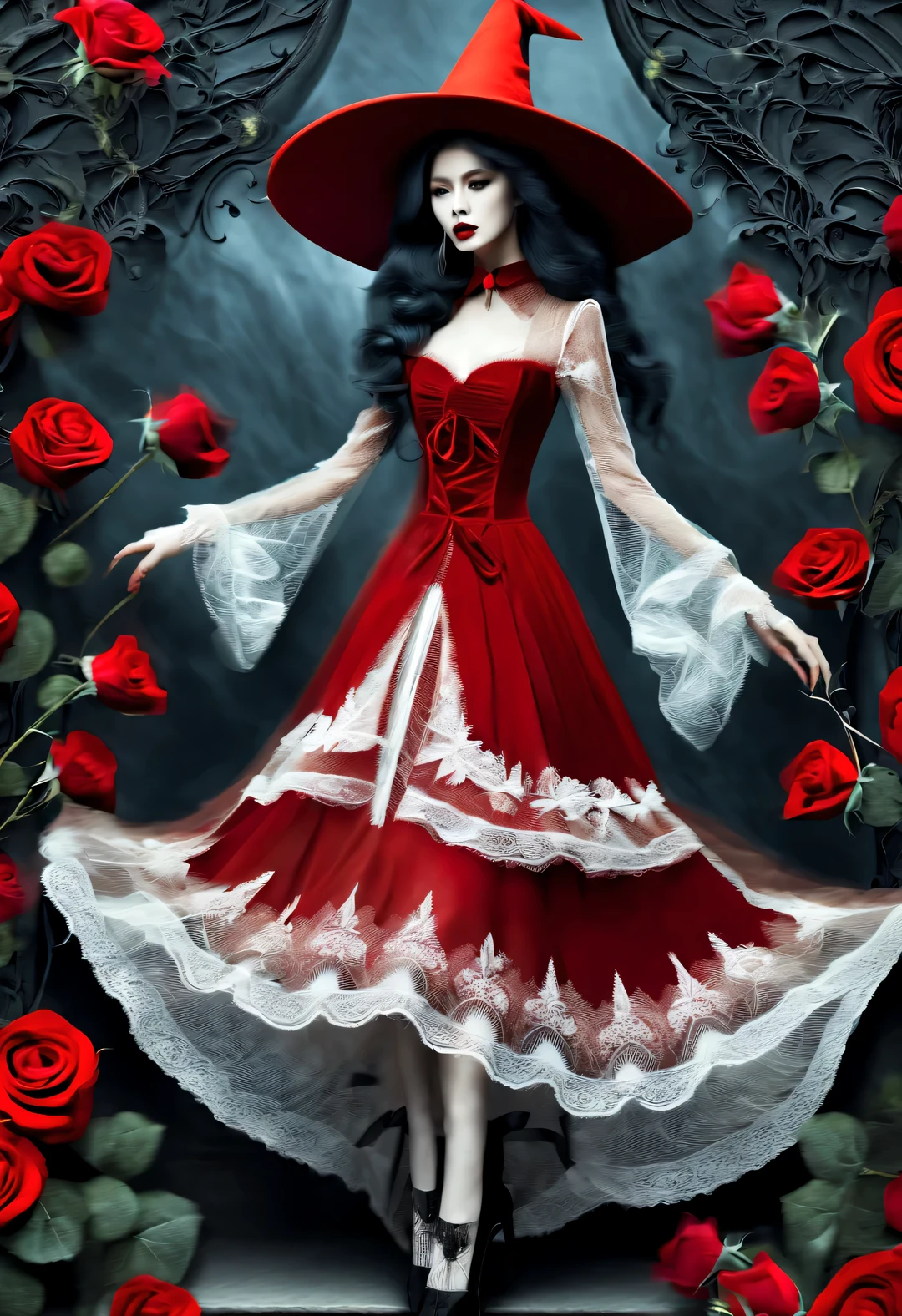 Gothic aesthetic fashion,Gothic clothing was heavily influenced by architecture, Their clothing is mostly characterized by vertical styling lines and pleats,Make the wearer look slim., and increase the height of the human body by raising the hat, Gives people a light and upward feeling。Make the wearer look slim,and increase the height of the human body by raising the hat,Gives people a light and upward feeling。red dress with lots of lace、Roses symbolize romance,grave、vampire、witch,