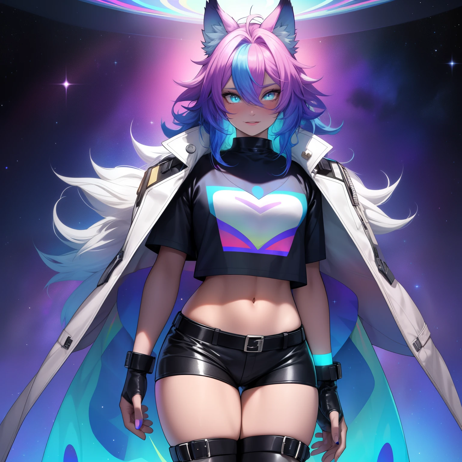 a short, skinny, galactic space young boy wearing a leather rainbow trench coat with a peacock inspired design, glowing blue eyes, wearing cropped t-shirt, flat chested, flat chest (SUPER FLAT CHEST) has wolf ears and a wolf tail, wide hips, pink lips, thick thighs, has long wavy rainbow gradient colored sparkly hair, twink, happy, blushing, flustered, showing thighs, wearing thigh high boots, wearing short shorts, curvy, solo, alone, (SOLO)(ALONE), has long wavy rainbow gradient colored sparkly hair