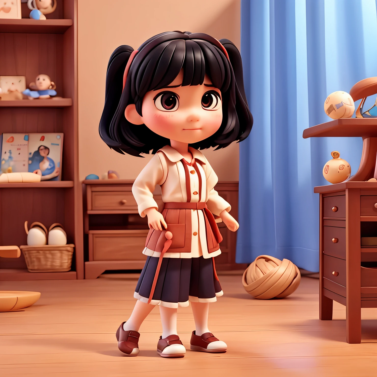 pixar pictures。black hair bob。Bangs tying。Tie your bangs and attach a ribbon。girl。